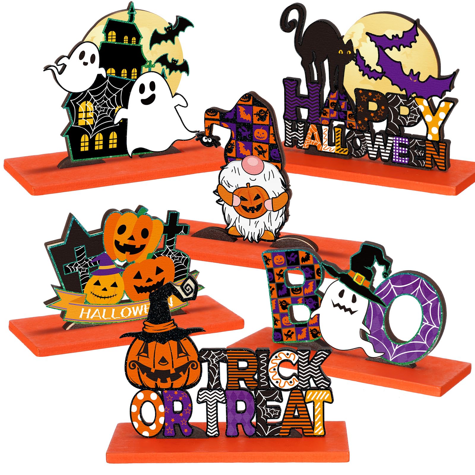 6-Piece Wooden Halloween Table Centerpieces 🎃 Cats, Ghosts & Bats – Festive Multicolor Home Decorations