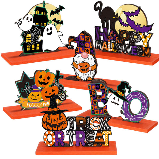 6-Piece Wooden Halloween Table Centerpieces 🎃 Cats, Ghosts & Bats – Festive Multicolor Home Decorations