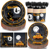 Halloween Party Plates & Tableware Set – 120 Pcs Black Witch, Pumpkin & Castle Design for 24 Guests