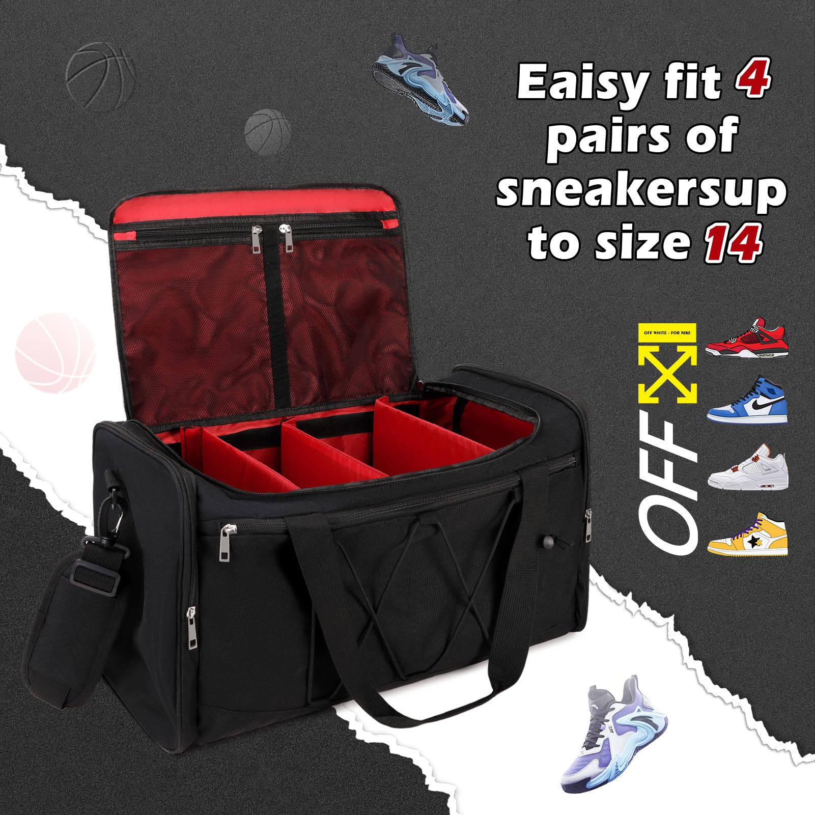 Sneaker Travel Bag for 4 Pairs – Waterproof Shoe Duffle with Adjustable Dividers & Shoulder Strap (Black)