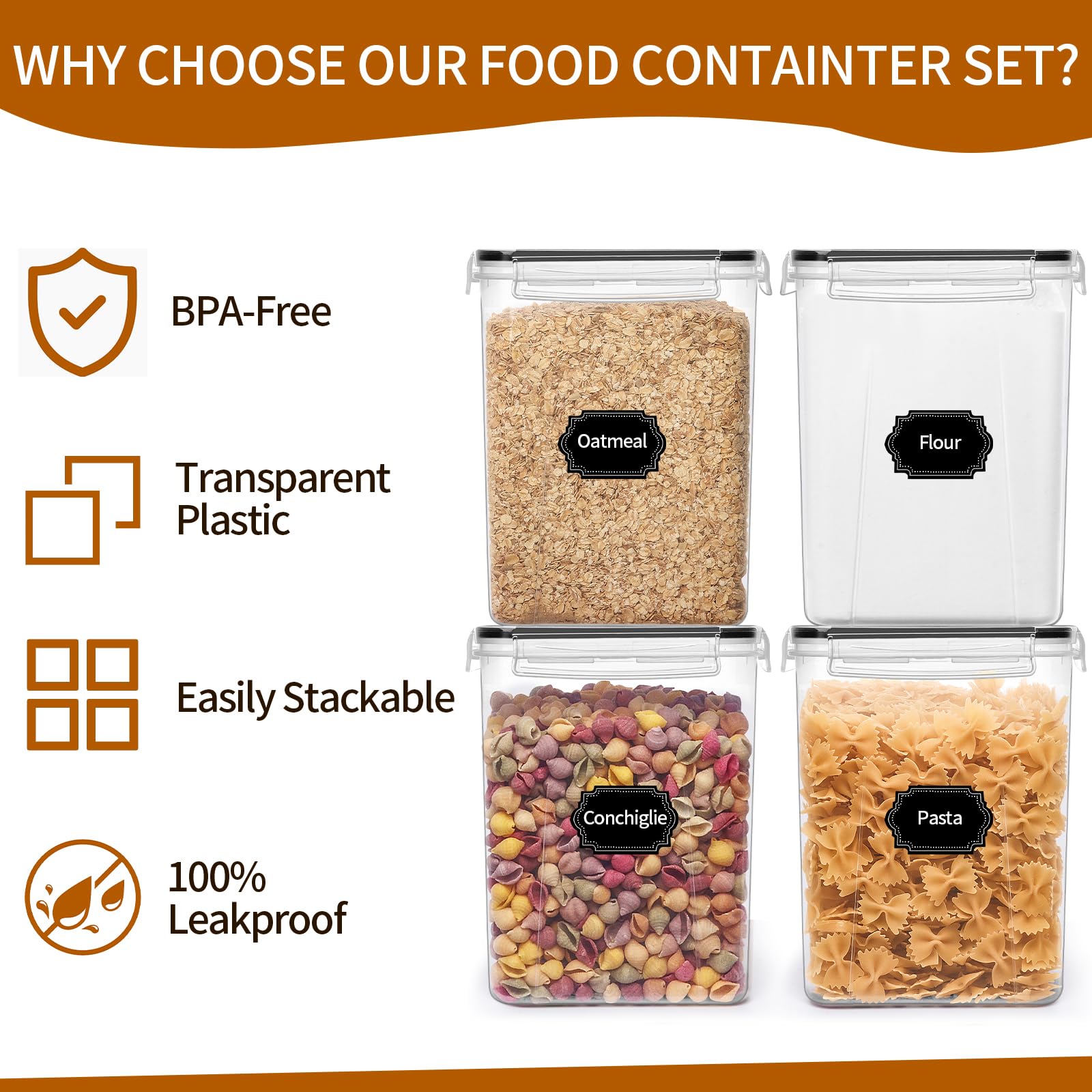 Large Airtight Pantry Storage Containers – 4-Piece 5.2L Cereal & Flour Container Set with Labels (Black)
