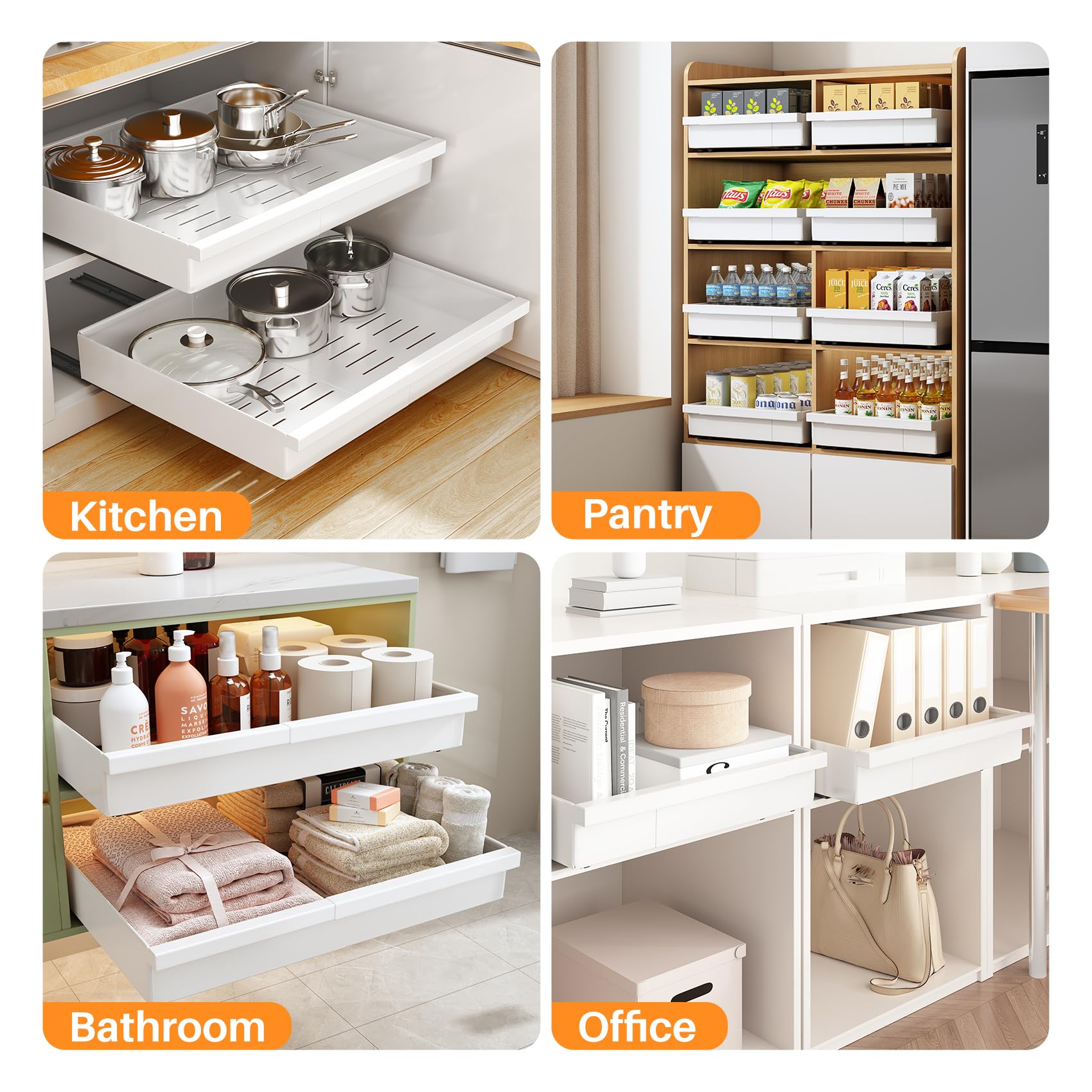 Extra-Wide Pull-Out Cabinet Organizer – Full-Extension 3-Rail No-Drill Slide-Out Drawers (White)