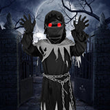 Kids Grim Reaper Halloween Costume – Glowing Red Eyes, Hooded Robe & Scythe Set ☠️👁️