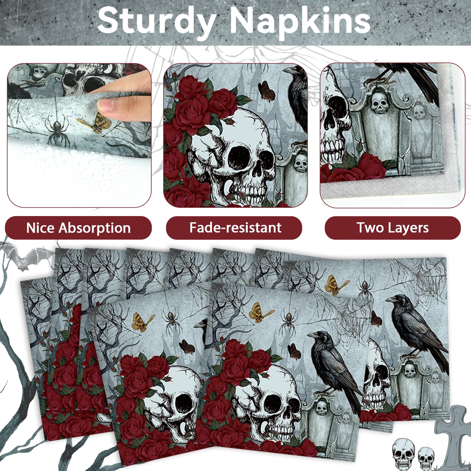 Halloween Gothic Tableware Set – 96 Pcs Plates, Napkins & Forks with Skull, Rose & Crow Design