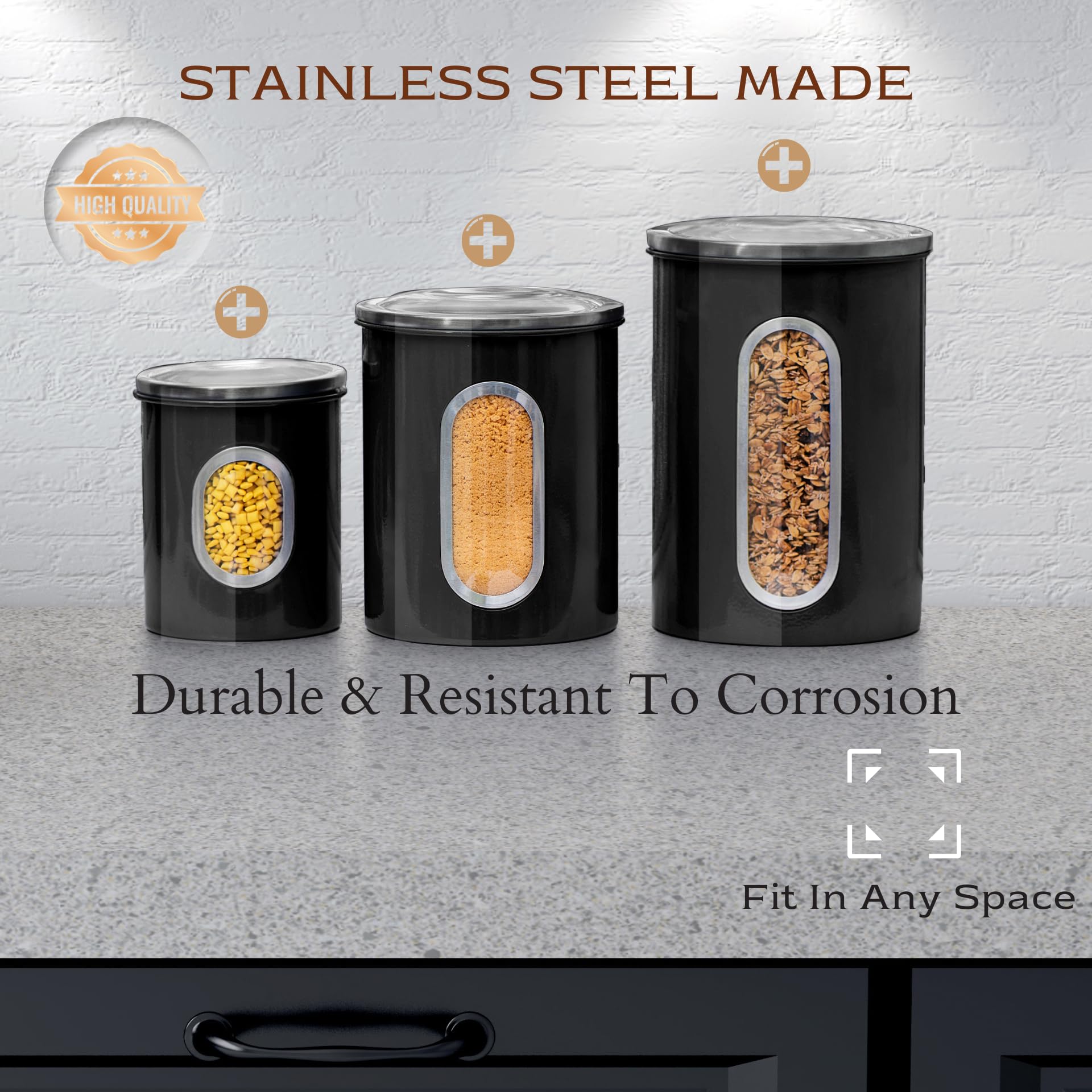 Airtight Metal Kitchen Canister Set – 3-Piece Stainless Steel Storage with Window (Black)