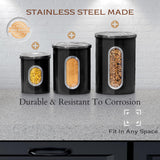 Airtight Metal Kitchen Canister Set – 3-Piece Stainless Steel Storage with Window (Black)