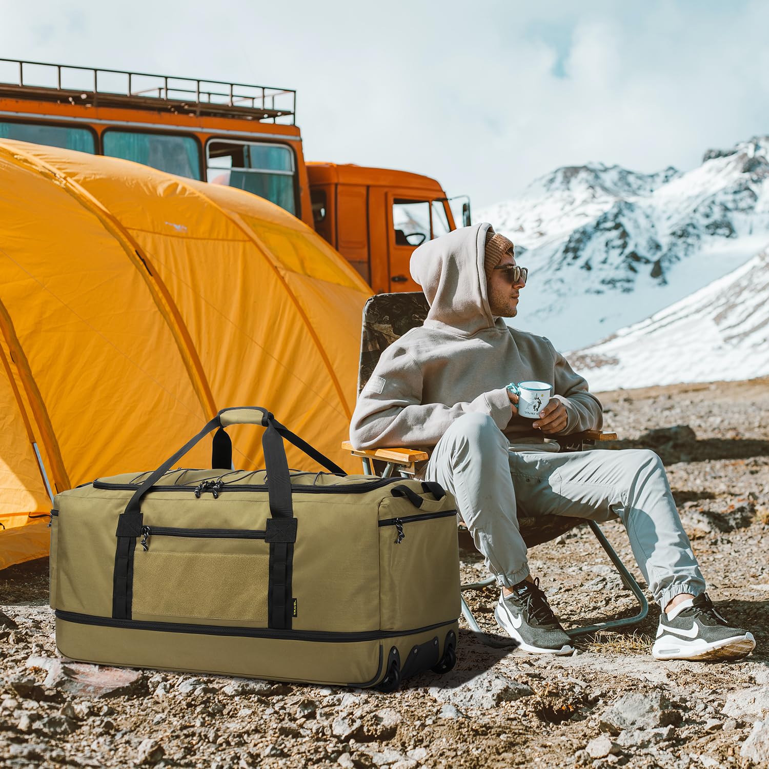 Laripwit Extra-Large Expandable Rolling Duffle Bag 130L–170L, Collapsible Heavy-Duty Travel Duffel with Wheels (Brown)