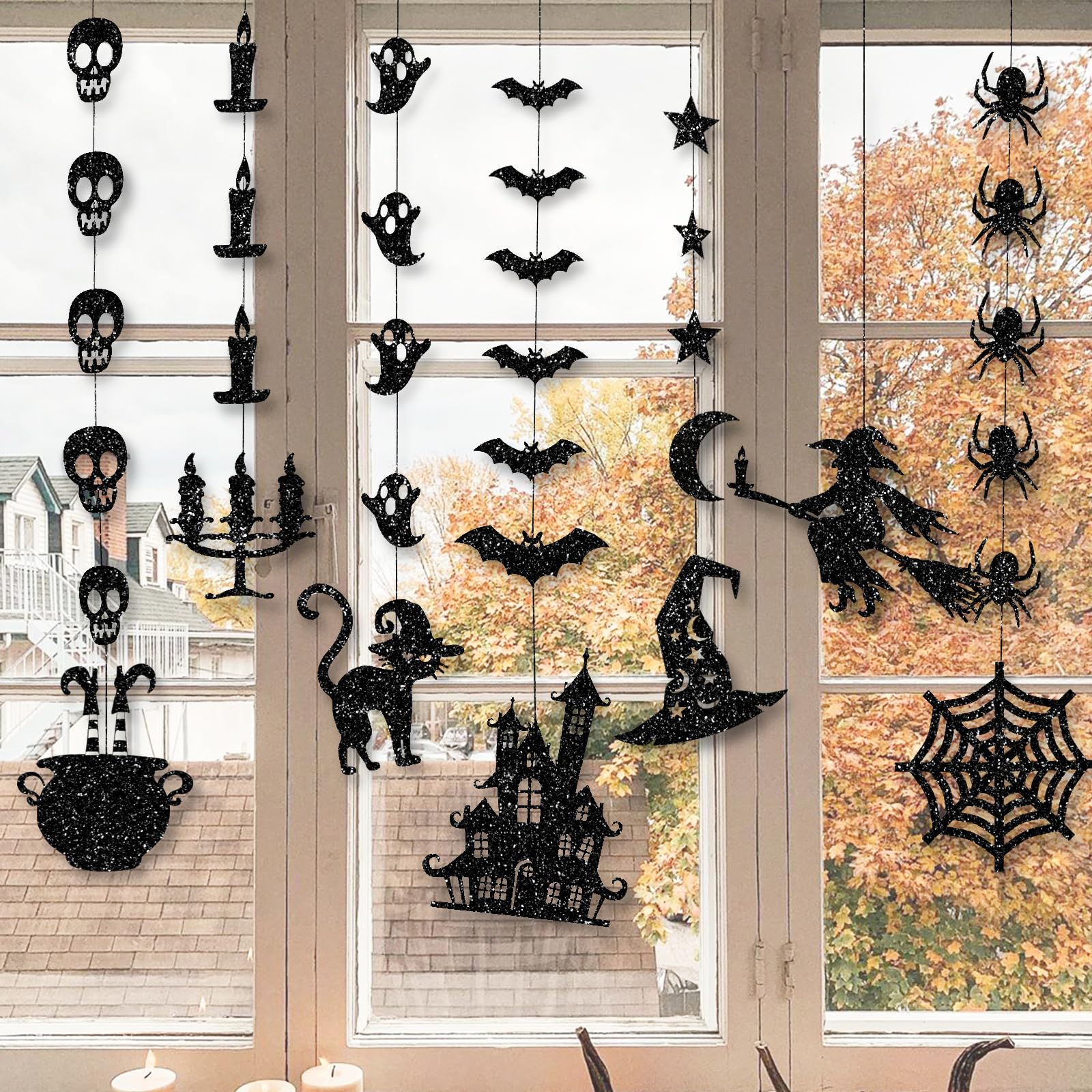 7PCS Glitter Black Halloween Garlands – Pre-Strung Hanging Decorations with Spiders, Bats & Witches