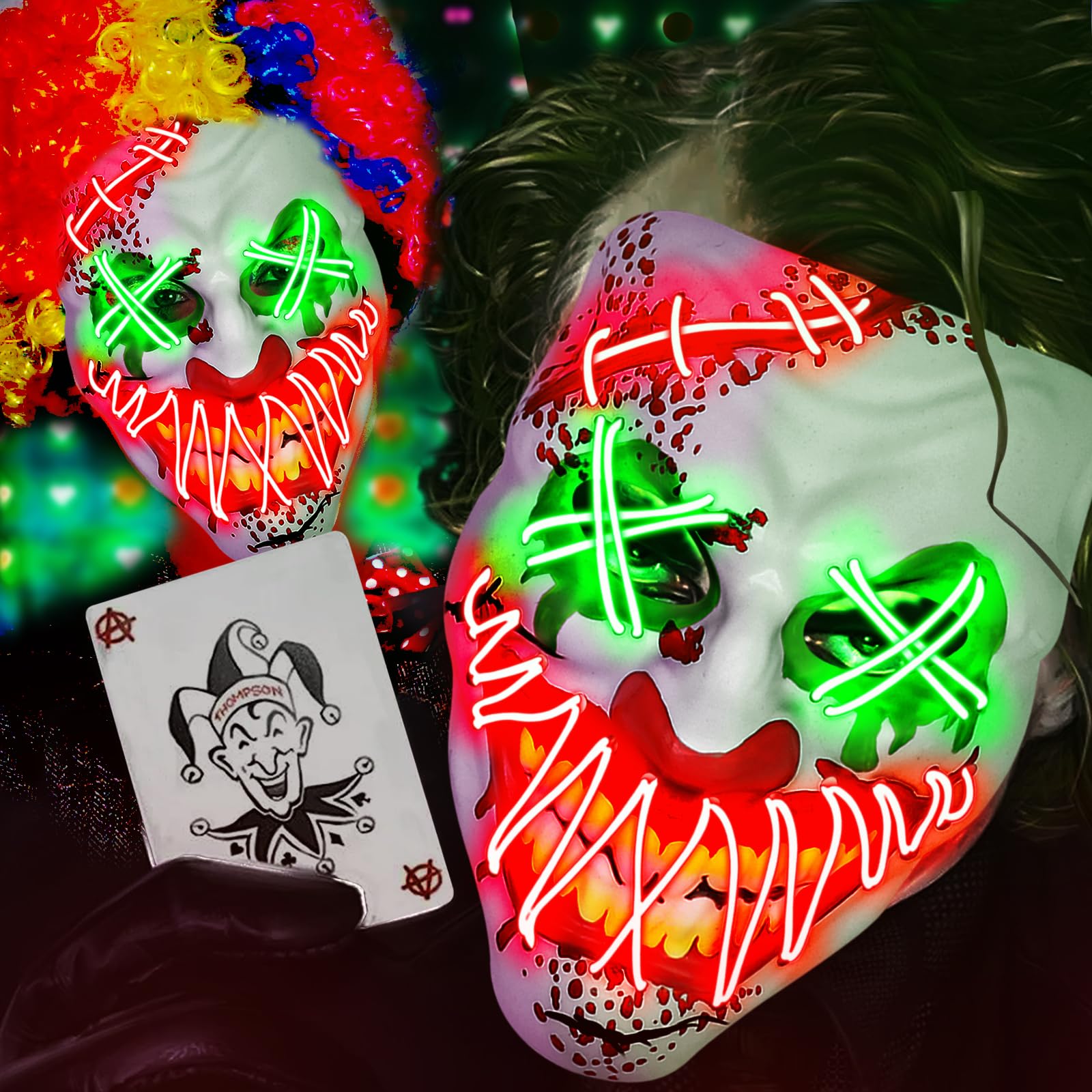 LED Light-Up Clown Mask 2024 – Red & Green Evil Smile Purge Mask with 3 Lighting Modes for Halloween & Parties