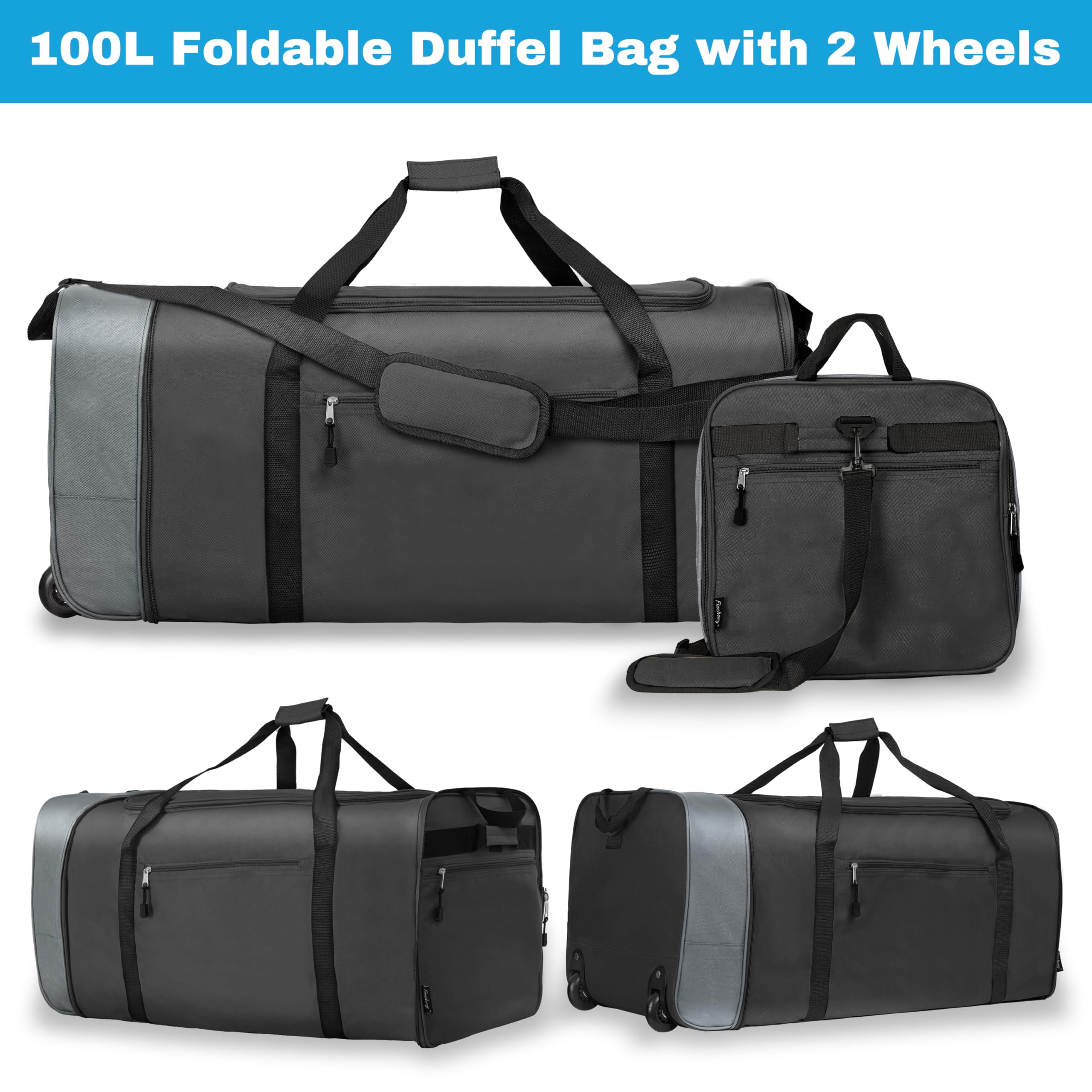 Finnhomy 100L Foldable Rolling Duffel Bag with 2 Wheels, Lightweight 32-Inch Travel Duffel with Shoulder Strap (Black/Grey)