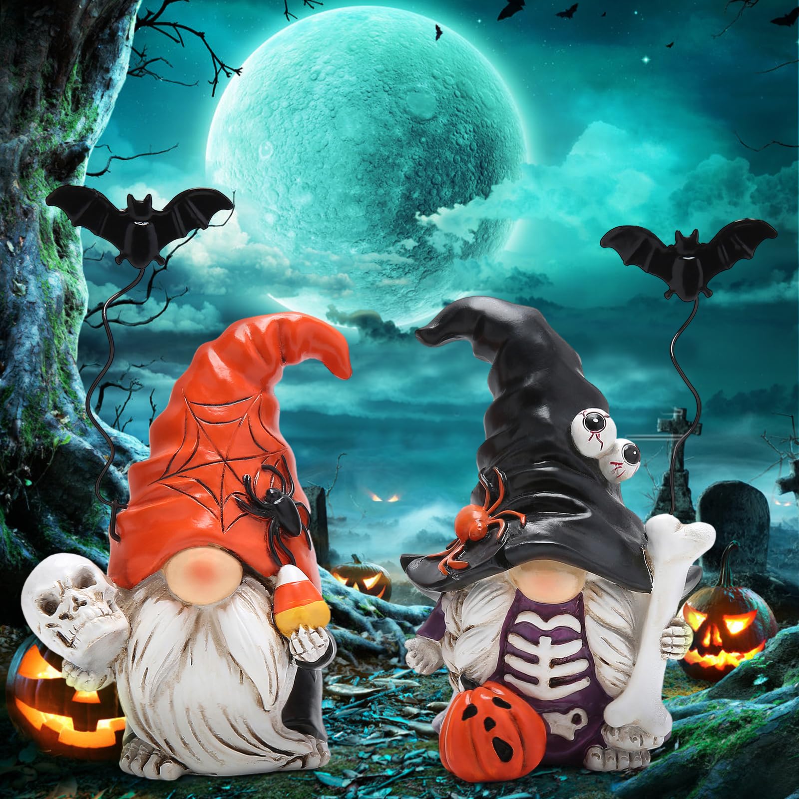 Hodao Halloween Gnome Duo – 2pcs Handcrafted Spooky Figurines with Skeleton Details, Pumpkins & Spider Hats for Indoor Décor