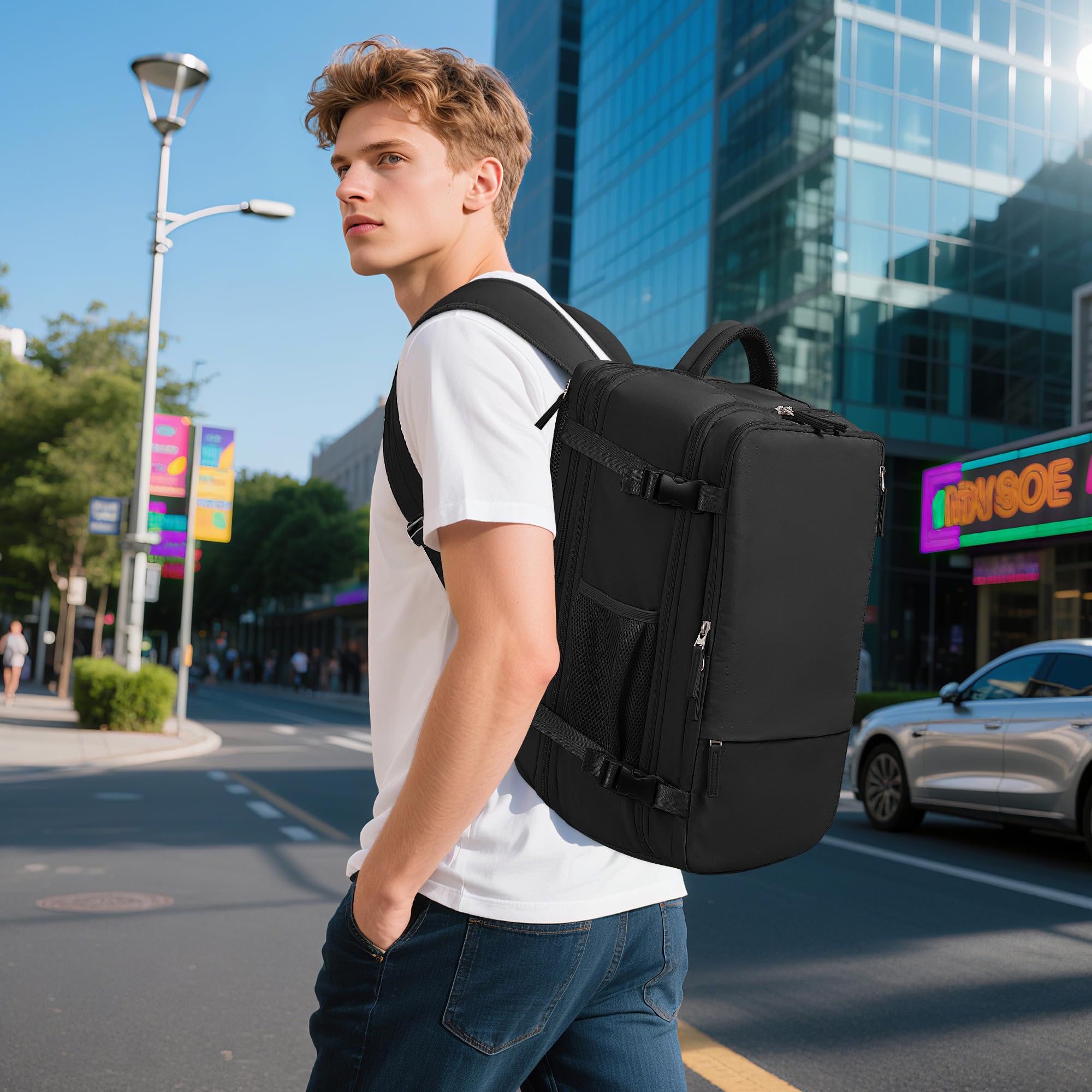SINALIY Expandable 40L Carry-On Travel Backpack with Convertible Carry & 17” Laptop Sleeve – Black