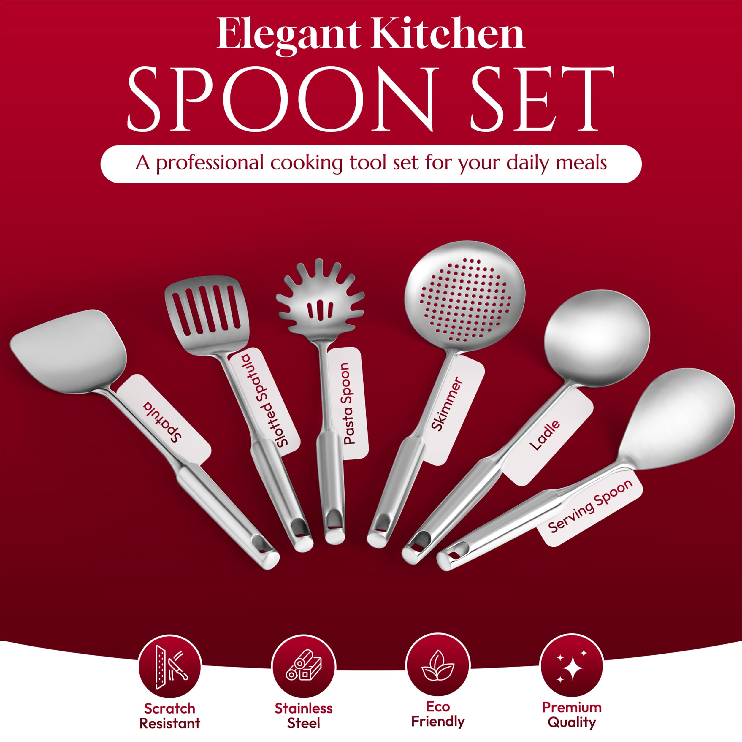 6-Piece Premium Stainless Steel Cooking Utensil Set with Ergonomic Handles – Silver