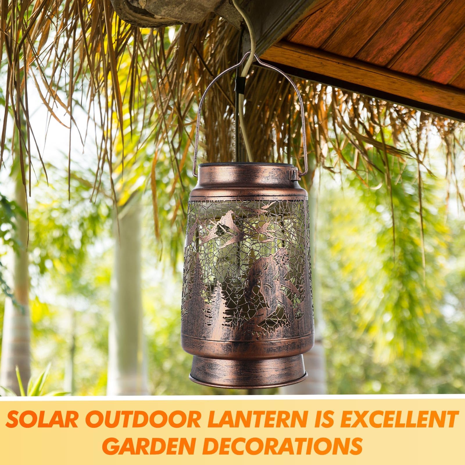 Bigfoot Solar Lantern – Gold Bronze Metal LED Outdoor Light with Waterproof Design & Rustic Hollow Pattern