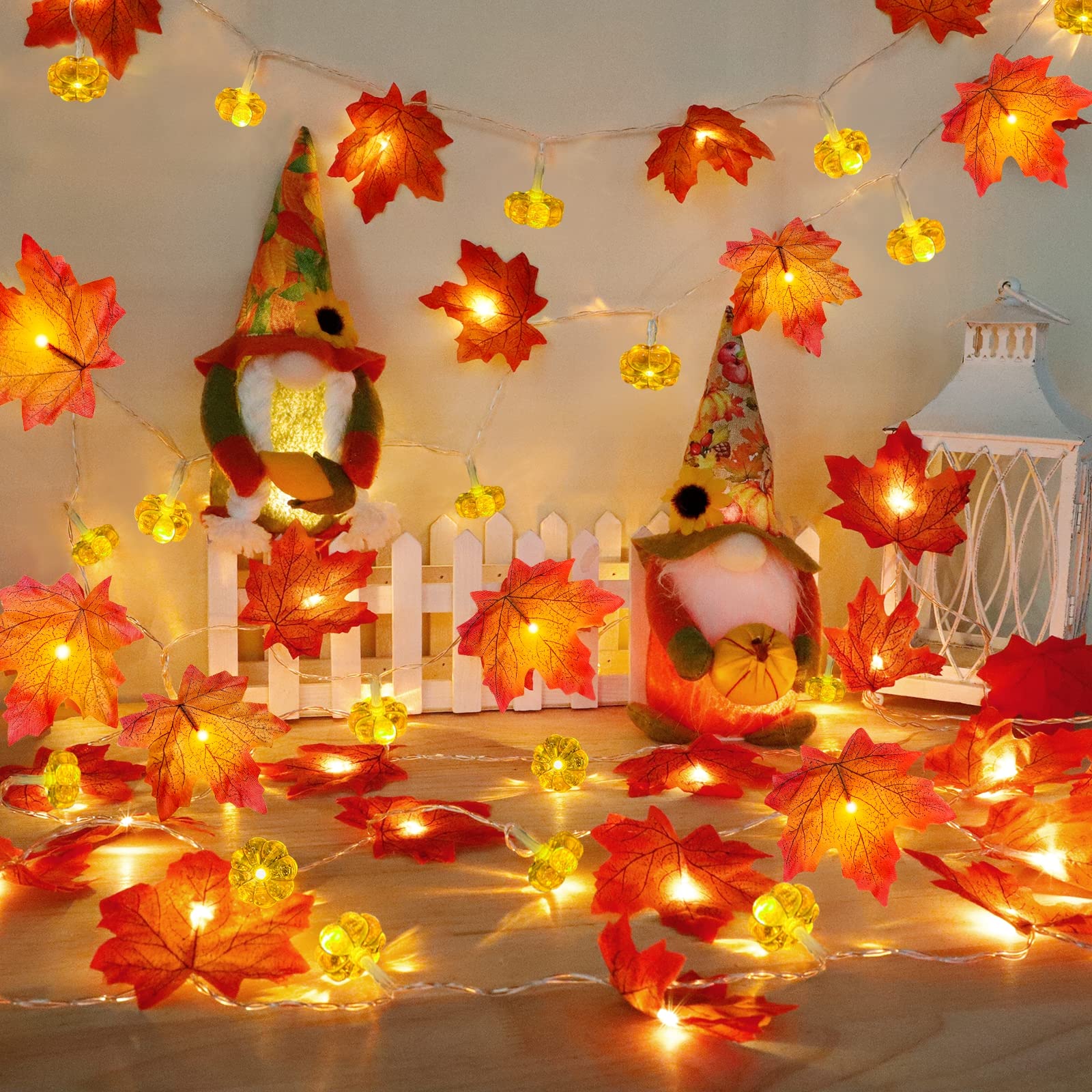Maple Leaf & Pumpkin Fall Garland Lights – 20FT 60 LED Battery Operated with Timer (2-Pack, Warm White, Indoor/Outdoor)