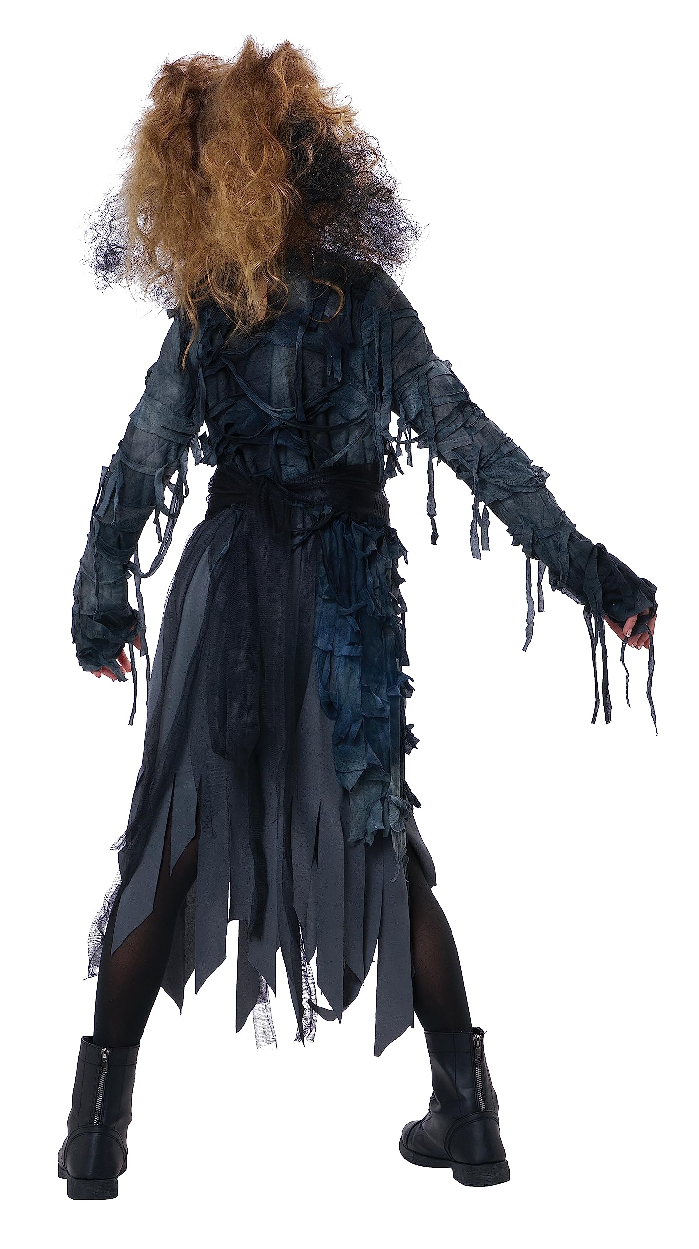 Women’s Charcoal Gothic Dress – Fringed Halloween Costume with Sheer Waist Tie 🖤👻