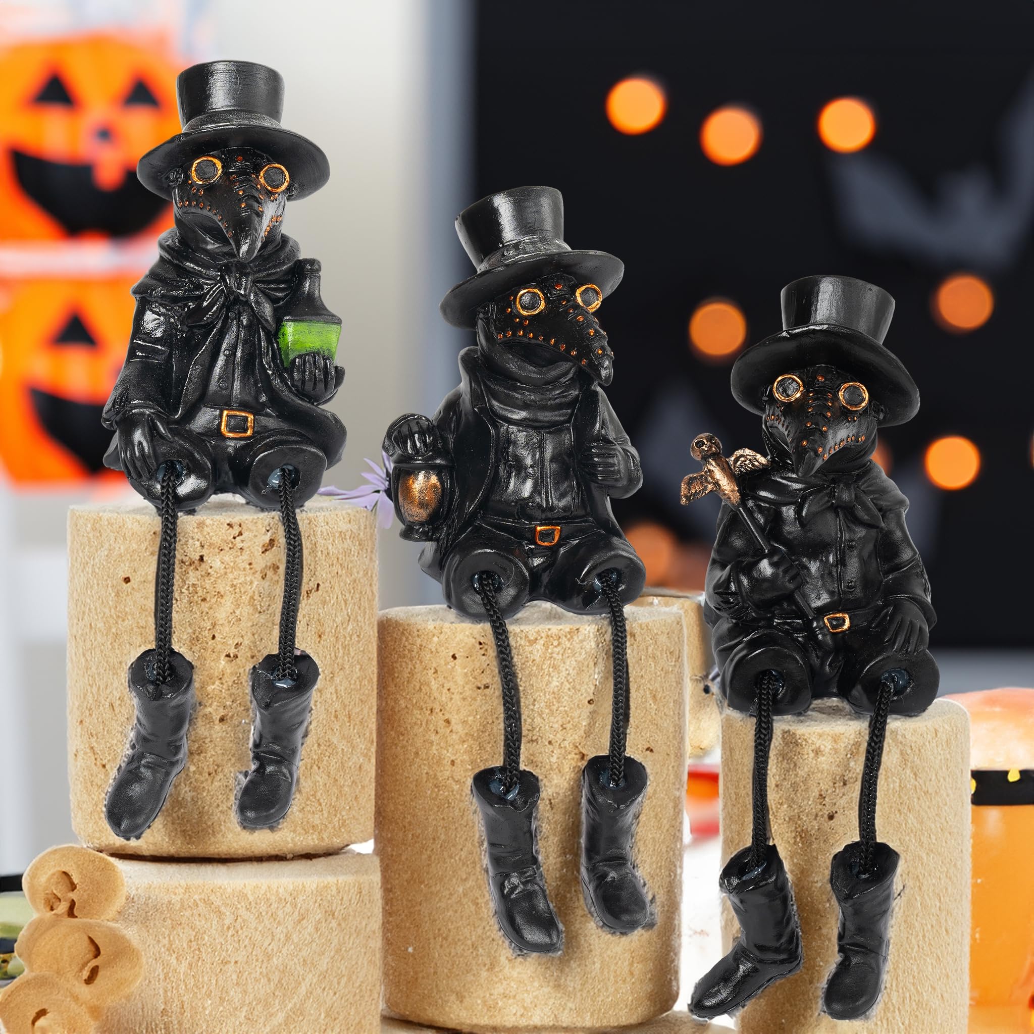 Vintage Plague Doctor Figurines (Set of 3) – Resin Halloween Shelf Sitters with Dangling Legs