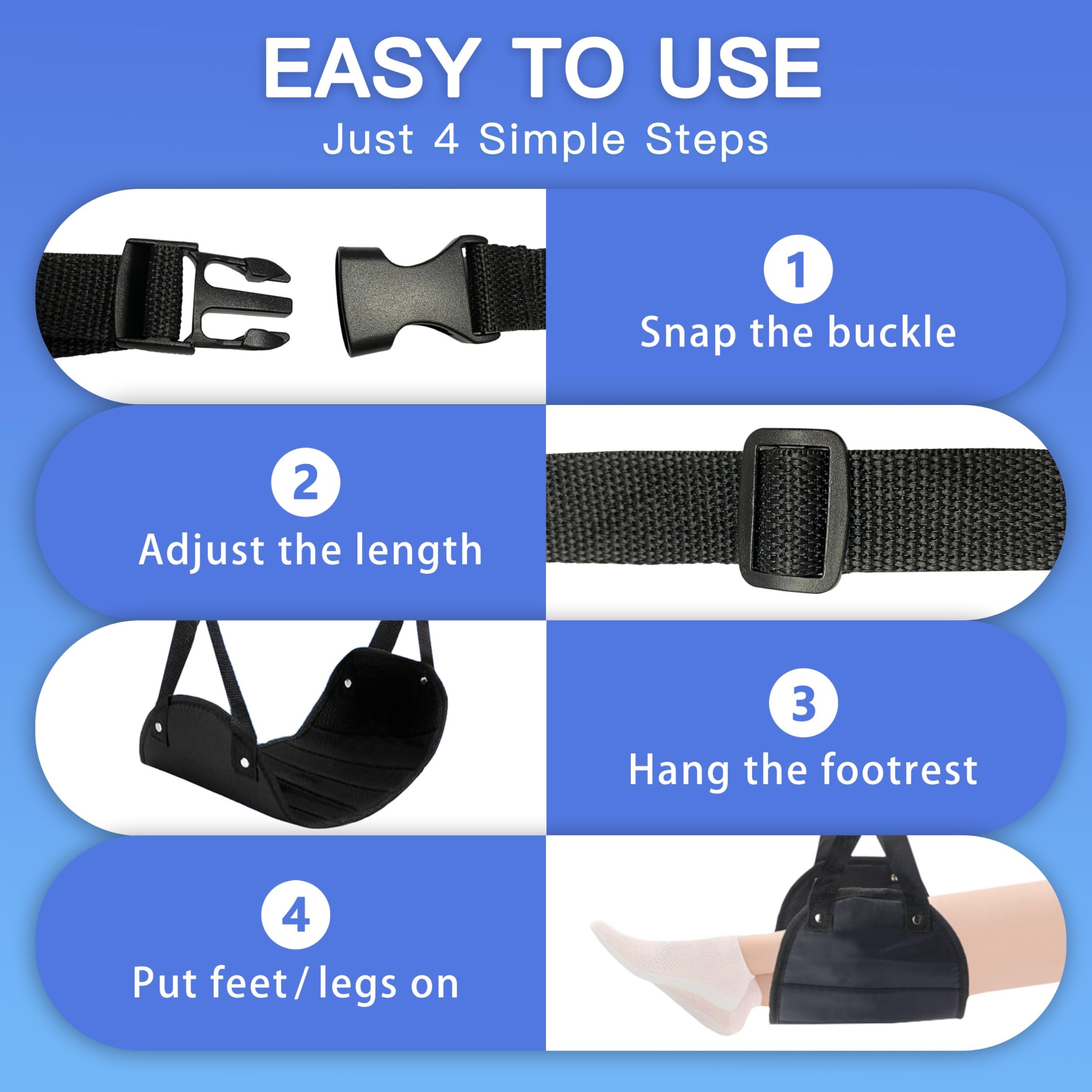 Airplane Footrest Travel Foot Hammock Adjustable Leg Support with Memory Foam Comfort, Foldable Portable Flight Foot Sling for Long Trips – Black