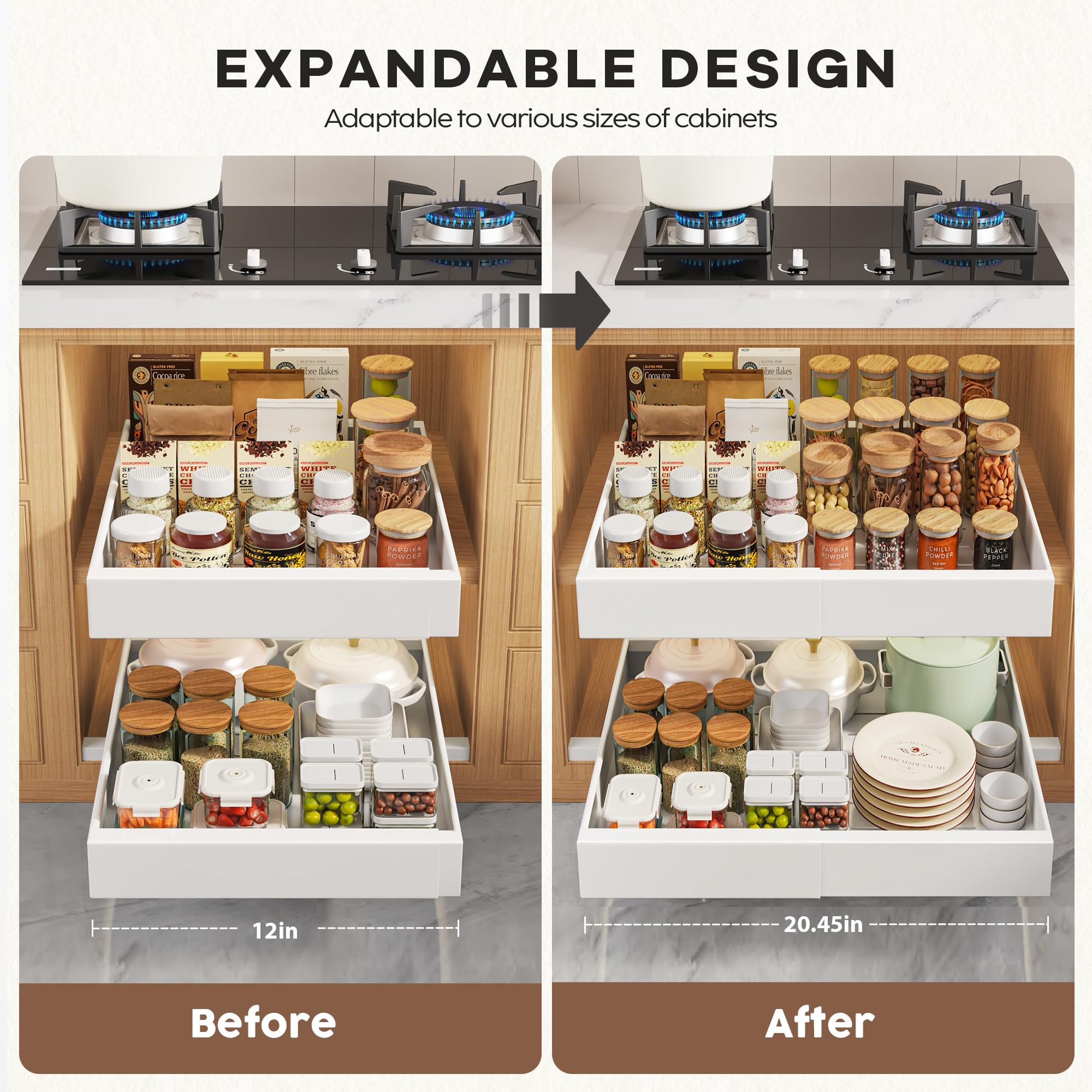 Expandable Pull-Out Cabinet Organizer – Silent 3-Rail Slide-Out Shelves with Raising Pads (White, 2-Pack)