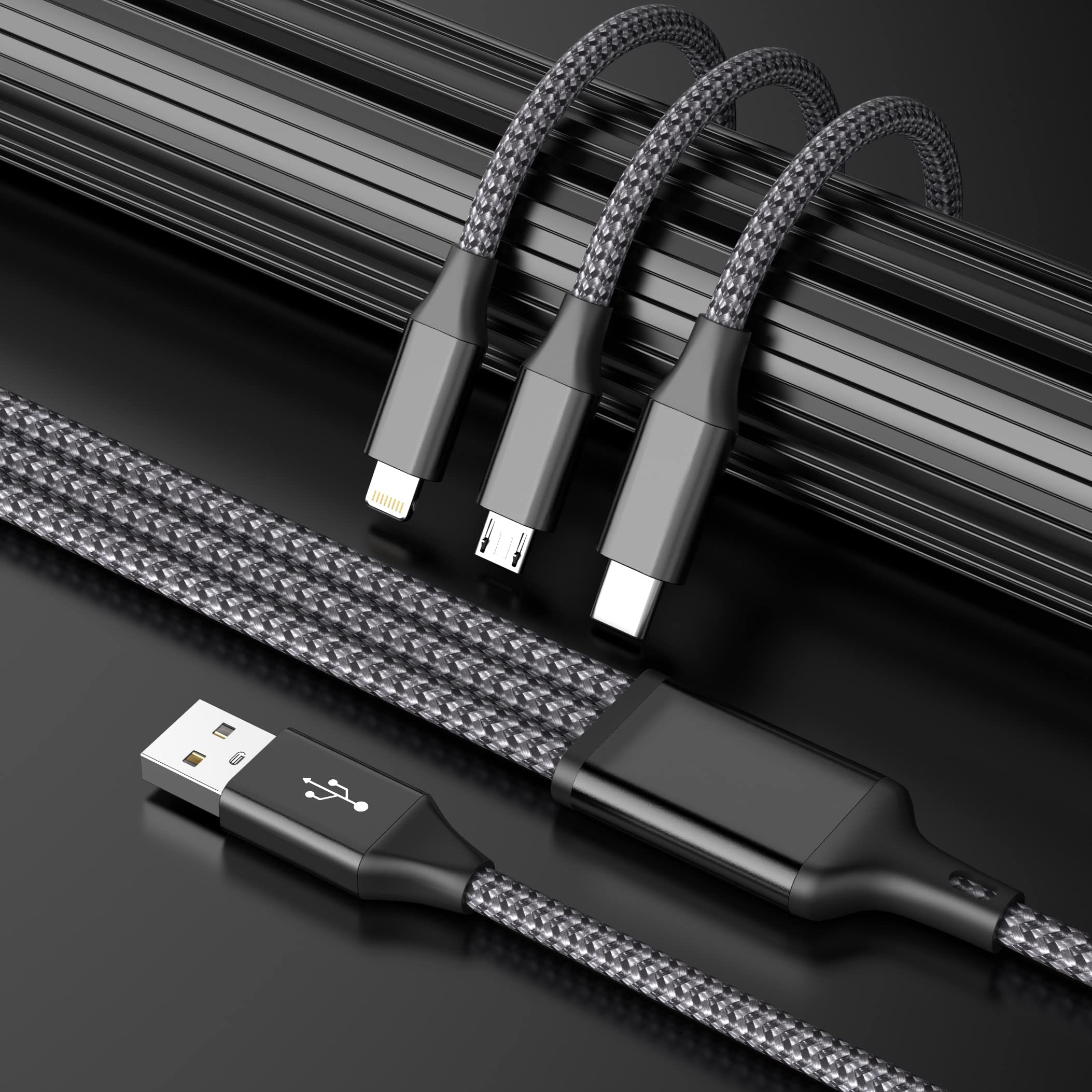 3-in-1 Universal Multi Charging Cable (2-Pack, 4FT) – USB, Type-C & Lightning Fast Charging Cord for iPhone, Android & Multiple Devices