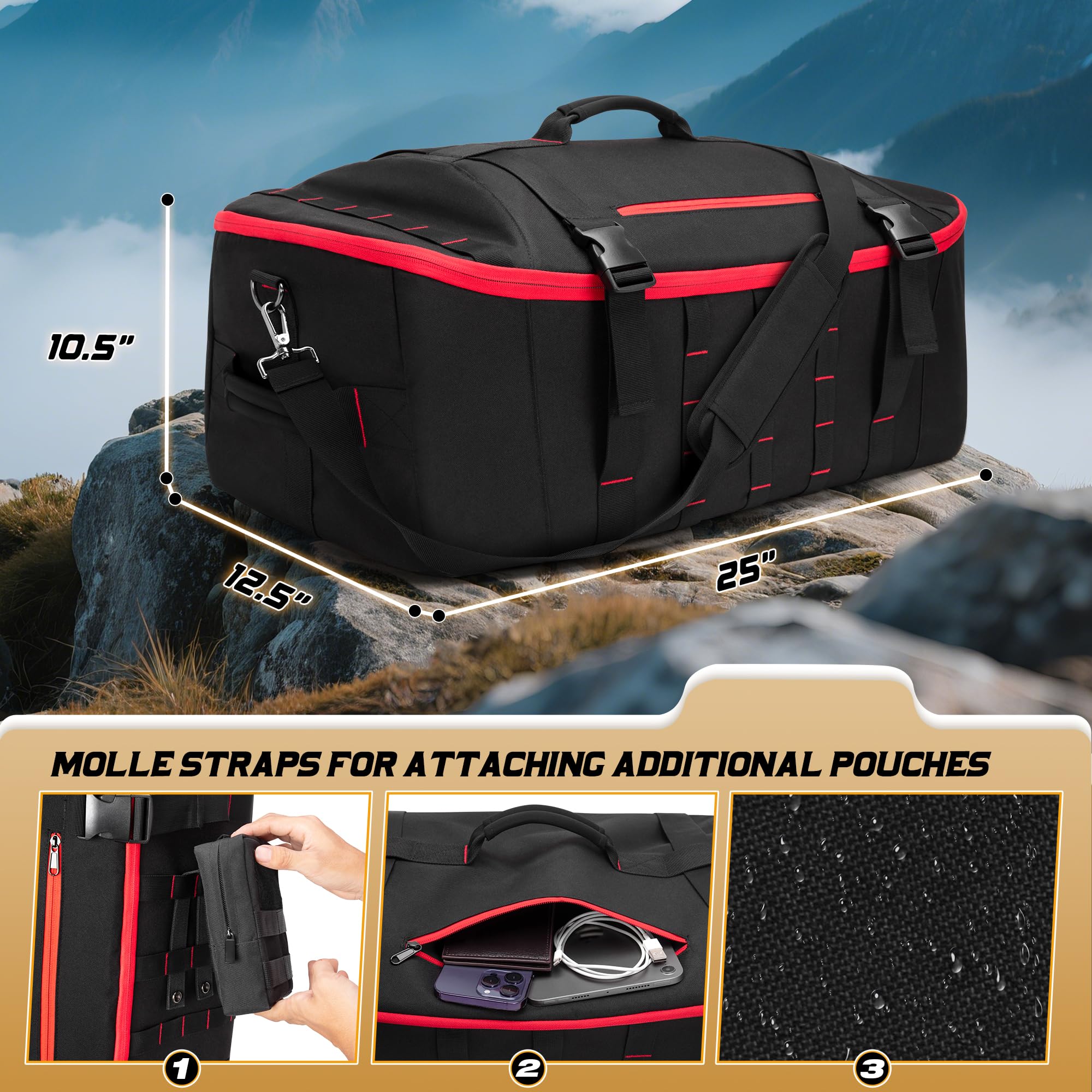 65L Tactical Duffle Backpack – Heavy-Duty Water-Resistant Gym & Travel Bag with Wet Pocket and Dividers (Black)