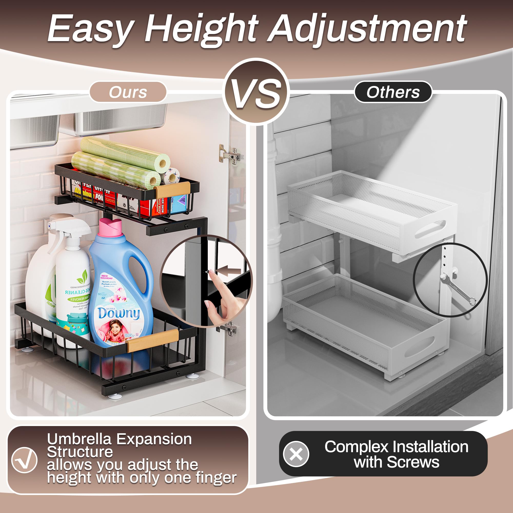 ADBIU Black Adjustable Under Sink Organizer – 2-Tier Pull-Out Cabinet Storage with Expandable Height (2 Pack)