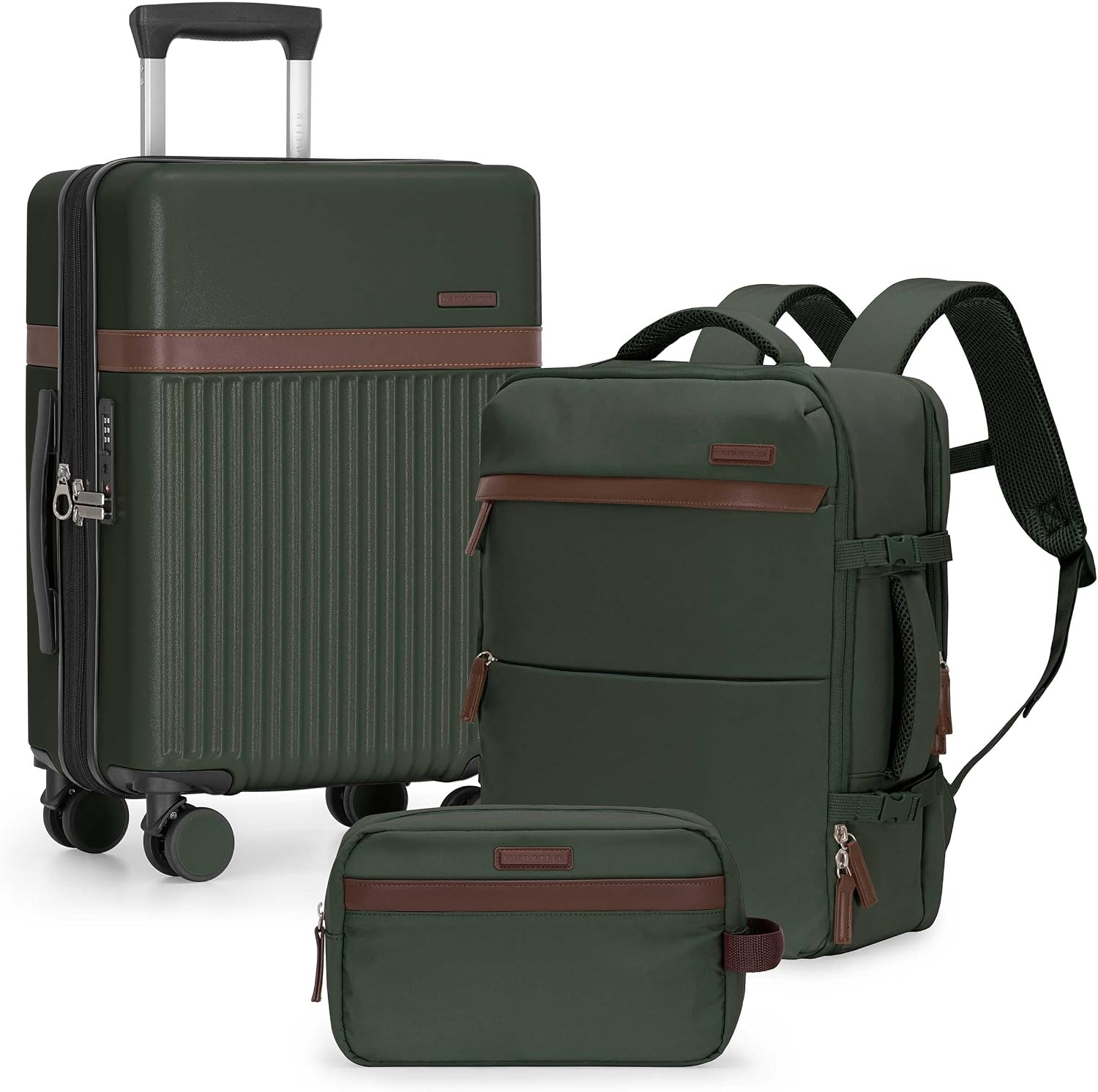 Green 3-Piece Carry-On Luggage Set with Backpack & Toiletry Bag