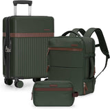 Green 3-Piece Carry-On Luggage Set with Backpack & Toiletry Bag