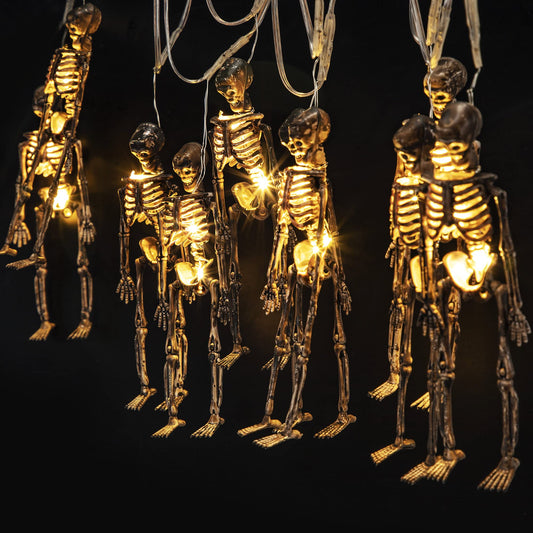 Halloween Skull String Lights – 2M Warm White LED, 20 Lights with 10 Skeletons, 8 Modes, Battery Powered Indoor/Outdoor Décor