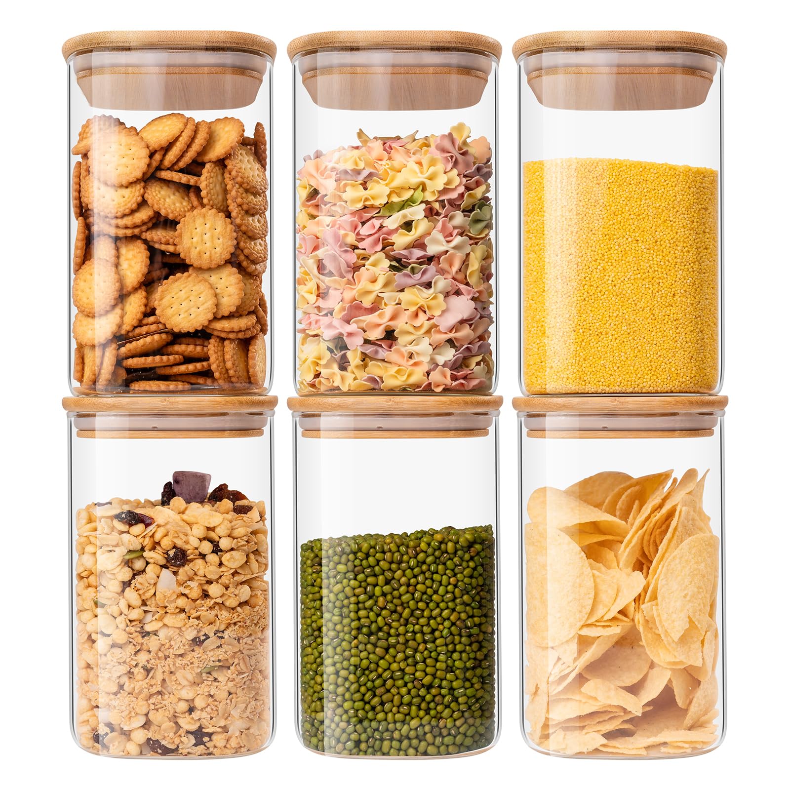 Square Glass Food Storage Jars – 6-Piece 37oz Airtight Kitchen Storage Container Set