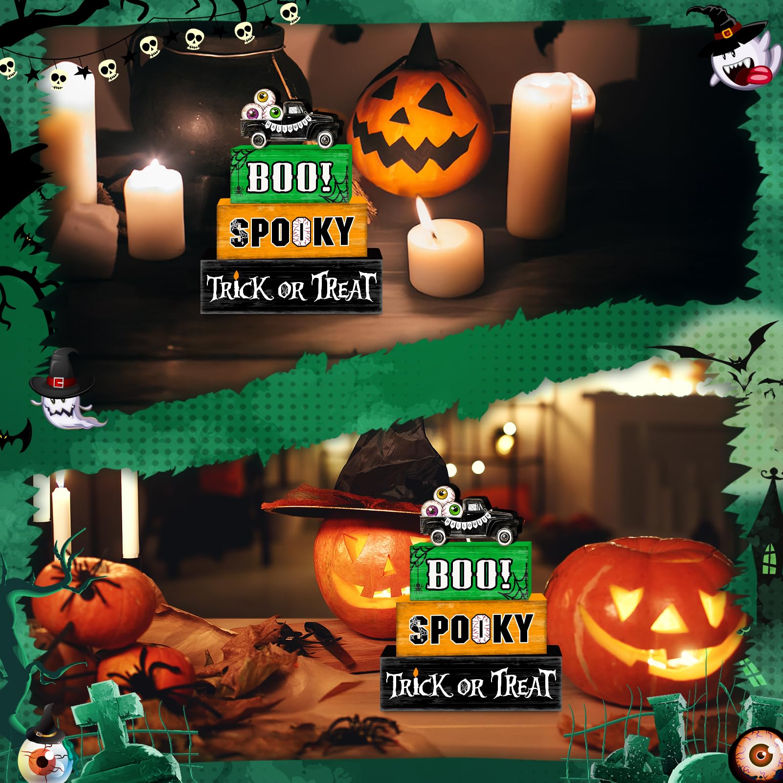 Eyeball Truck Halloween Wooden Tiered Tray Decor Set – Rustic “BOO” & “Trick or Treat” Blocks for Spooky Displays