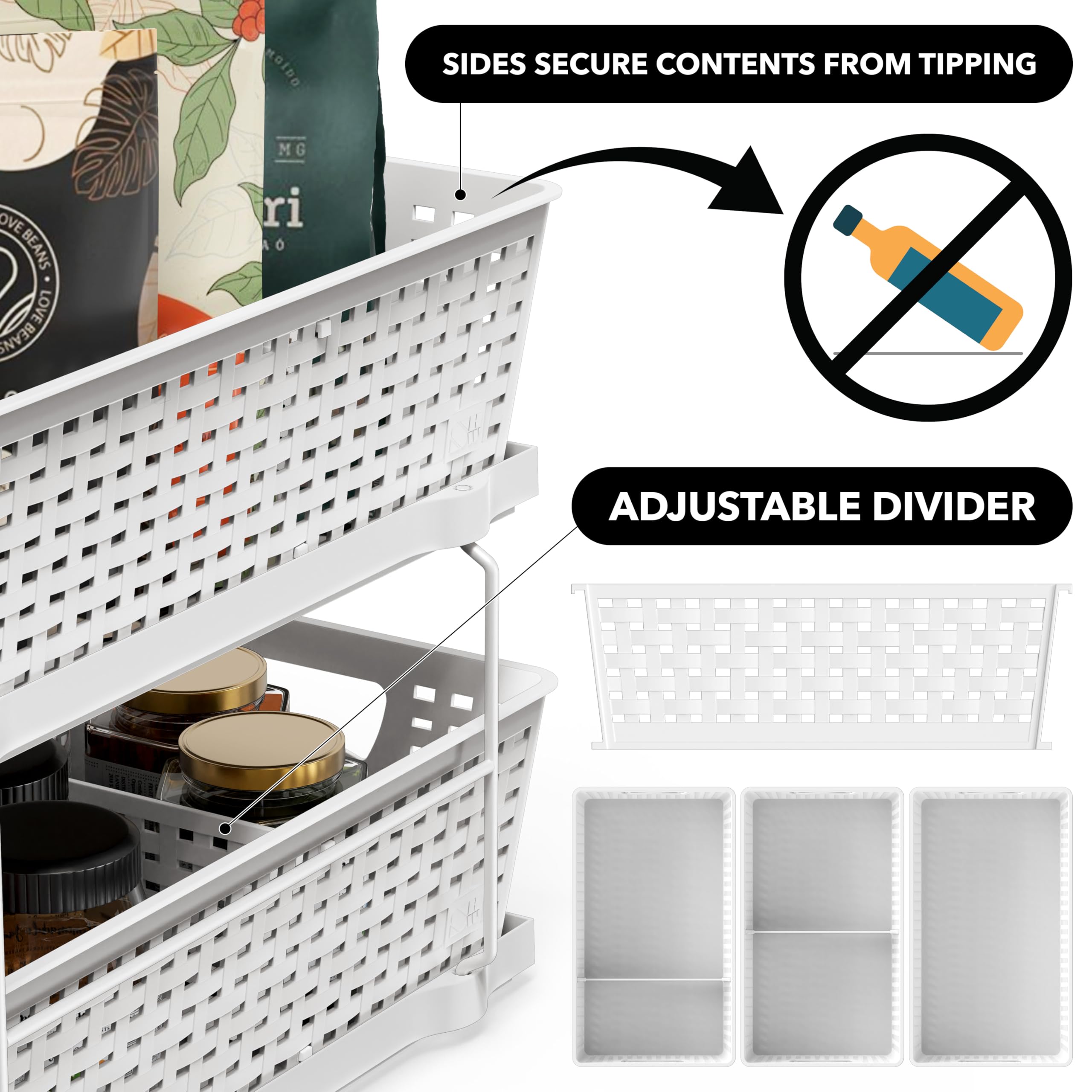 2-Tier Pull-Out Bathroom Organizer Tray – White Under-Sink Sliding Storage with Divider