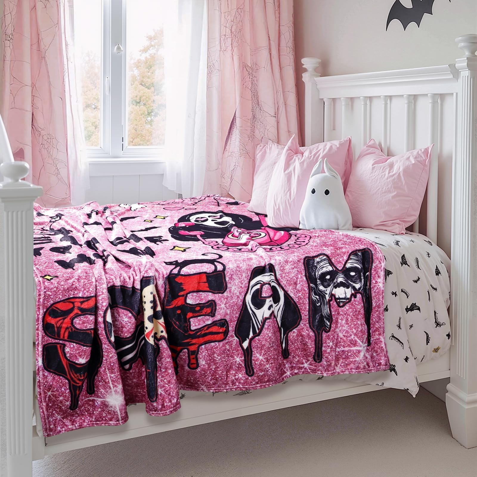 Halloween Pink Ghost Throw Blanket – 60"x60" Soft Flannel Horror Blanket for Couch, Bed & Travel
