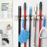 HOME-IT Wall-Mounted Mop & Broom Holder – 5 Slots & 6 Hooks Tool Organizer for Garage, Kitchen & Laundry (Off-White)