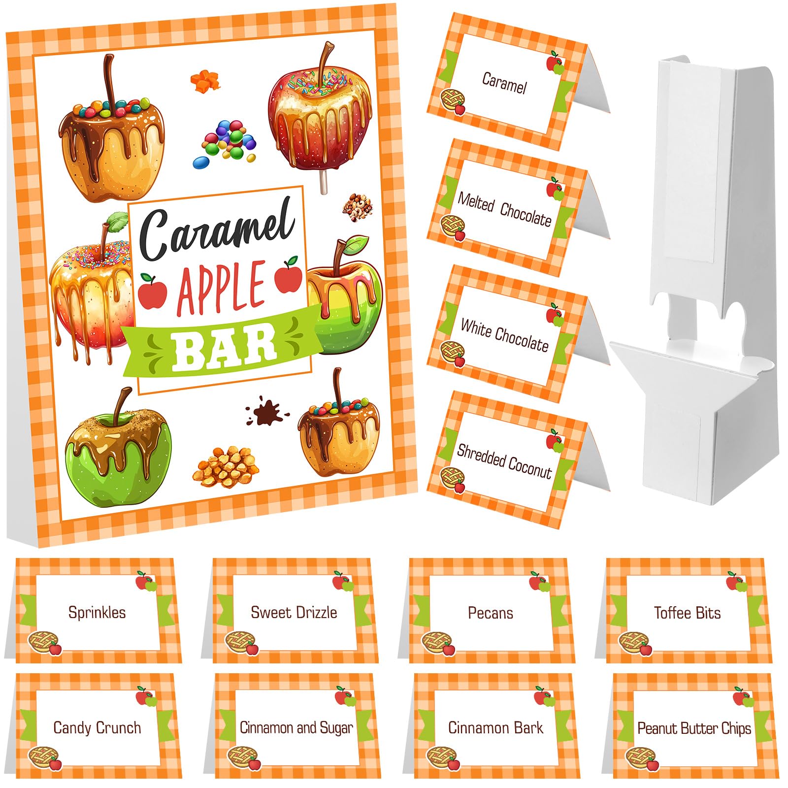 Caramel Apple Bar Decoration Kit – 14-Piece Fall Dessert Table Set with Standee & 12 Tent Cards (Orange Plaid Design)