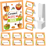 Caramel Apple Bar Decoration Kit – 14-Piece Fall Dessert Table Set with Standee & 12 Tent Cards (Orange Plaid Design)