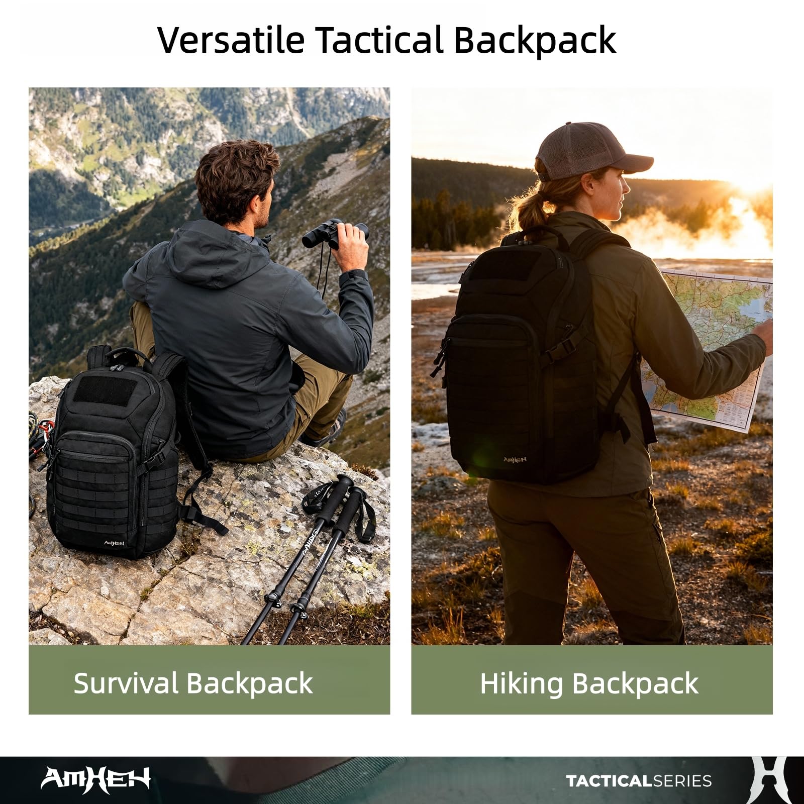 AMHEH 32L Military Tactical Backpack – Rugged MOLLE Carry-On Assault Pack with 17” Laptop Compartment – Black
