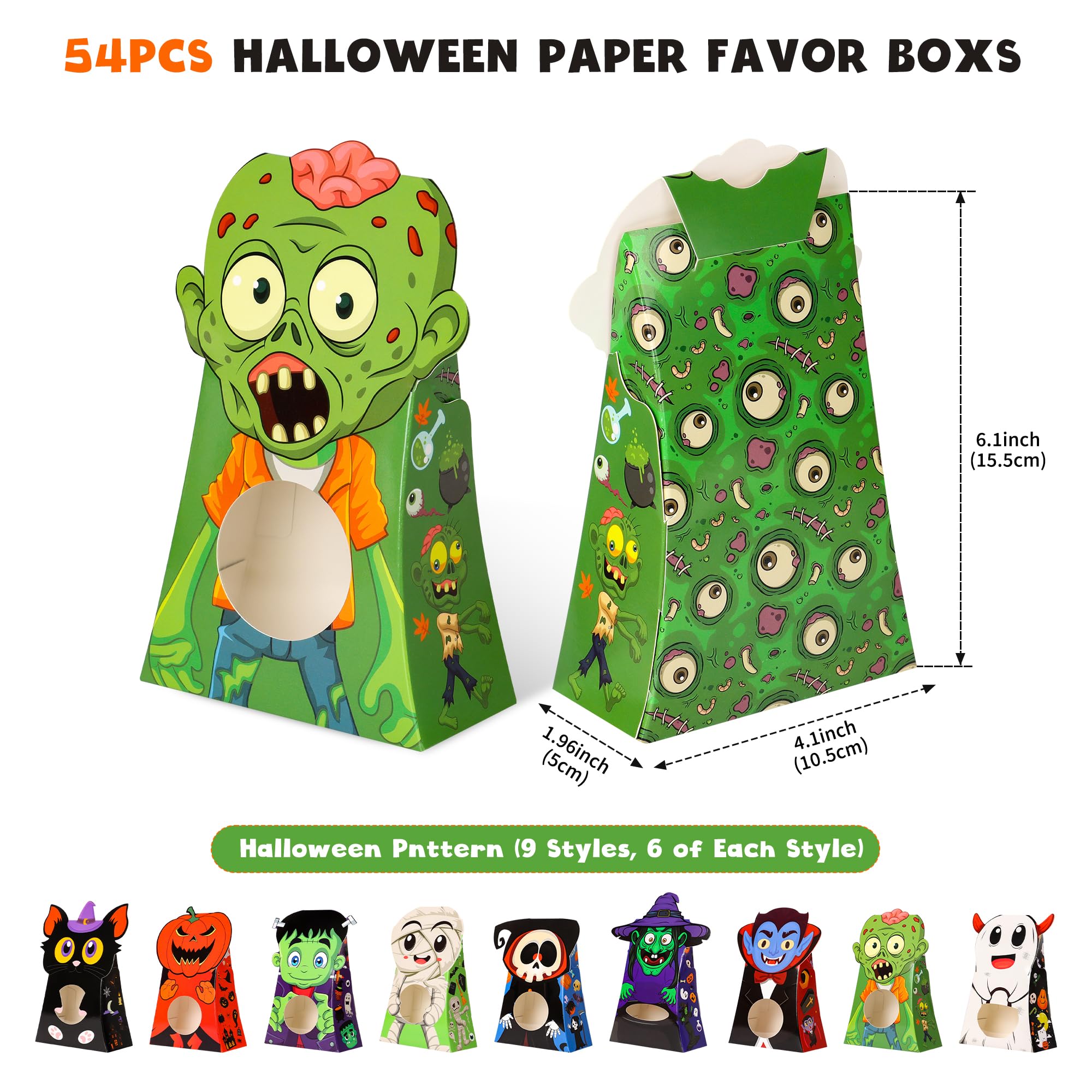 Giiffu 54-Pack Halloween Treat Boxes with Clear Window - 9 Designs Trick or Treat Candy Bags for Kids Party Favors Supplies, Classroom Exchange (6 x 4 x 2 Inches)