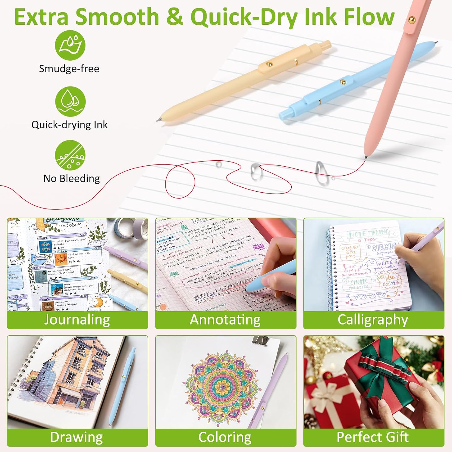 6-Pack Quick-Dry Multicolor Gel Pens with 0.7 mm Tips