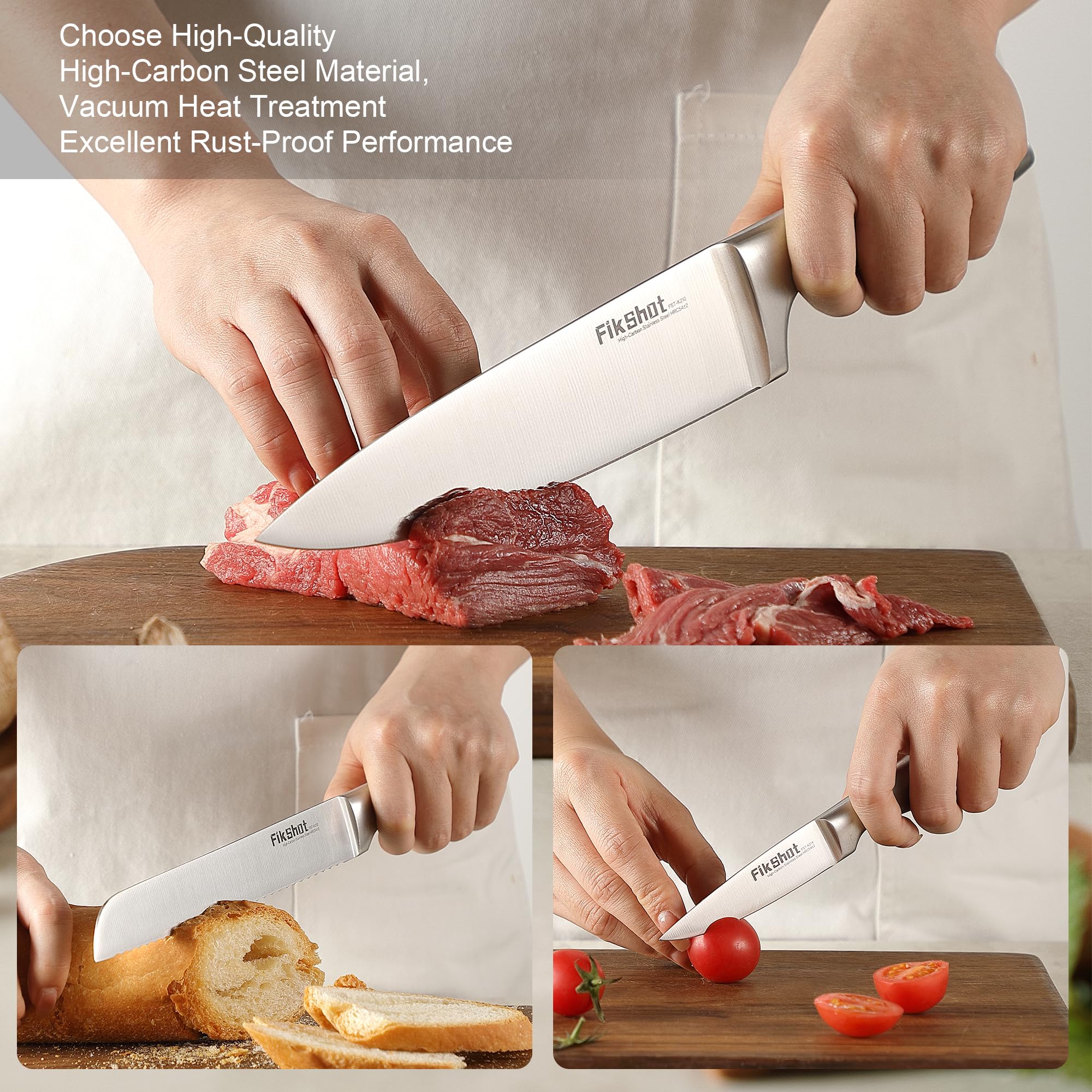 Stainless Steel Kitchen Knife Set with Wooden Block & Built-In Sharpener