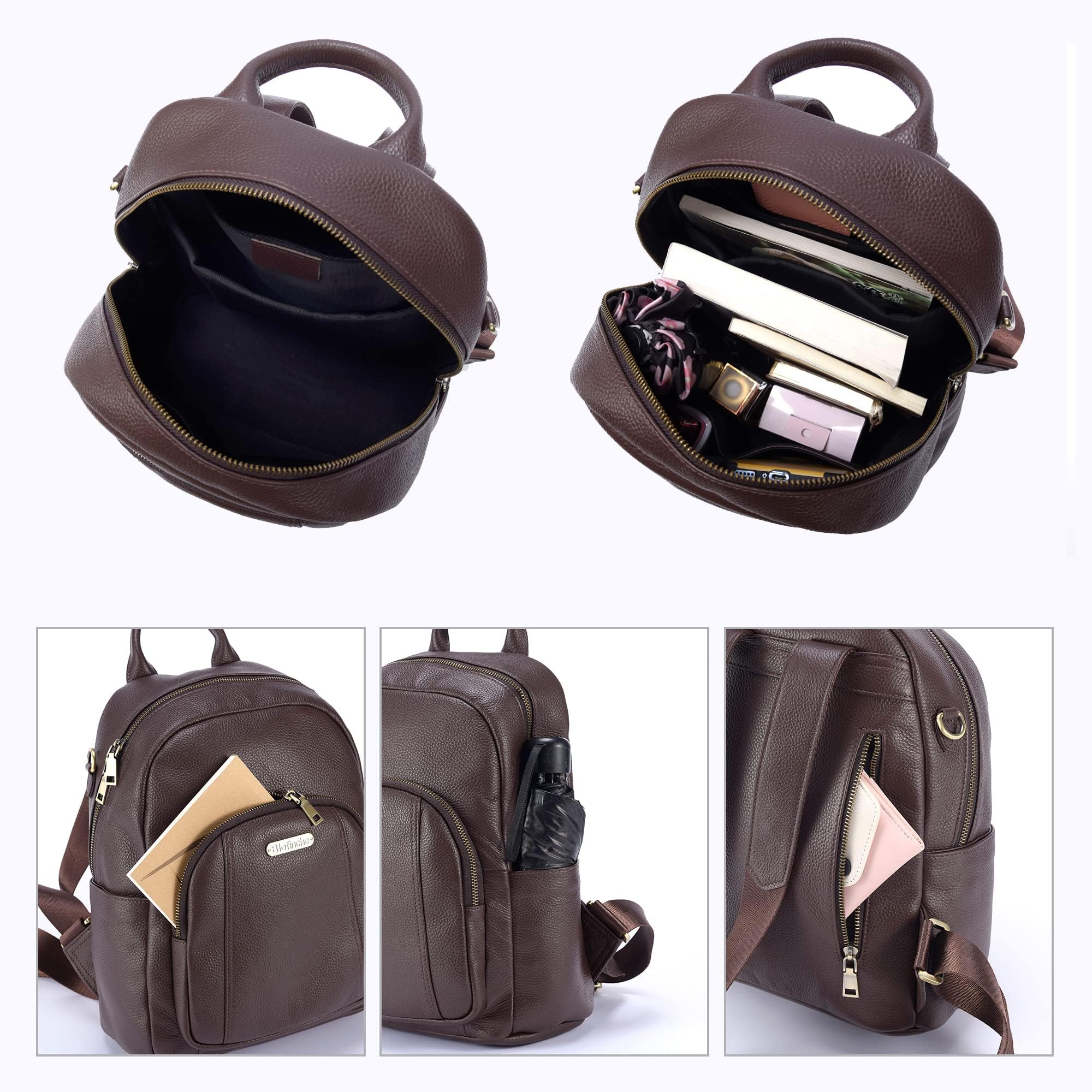 Women’s Genuine Leather Travel Backpack with Anti-Theft Pocket – 12.9-Inch Laptop, Coffee Brown