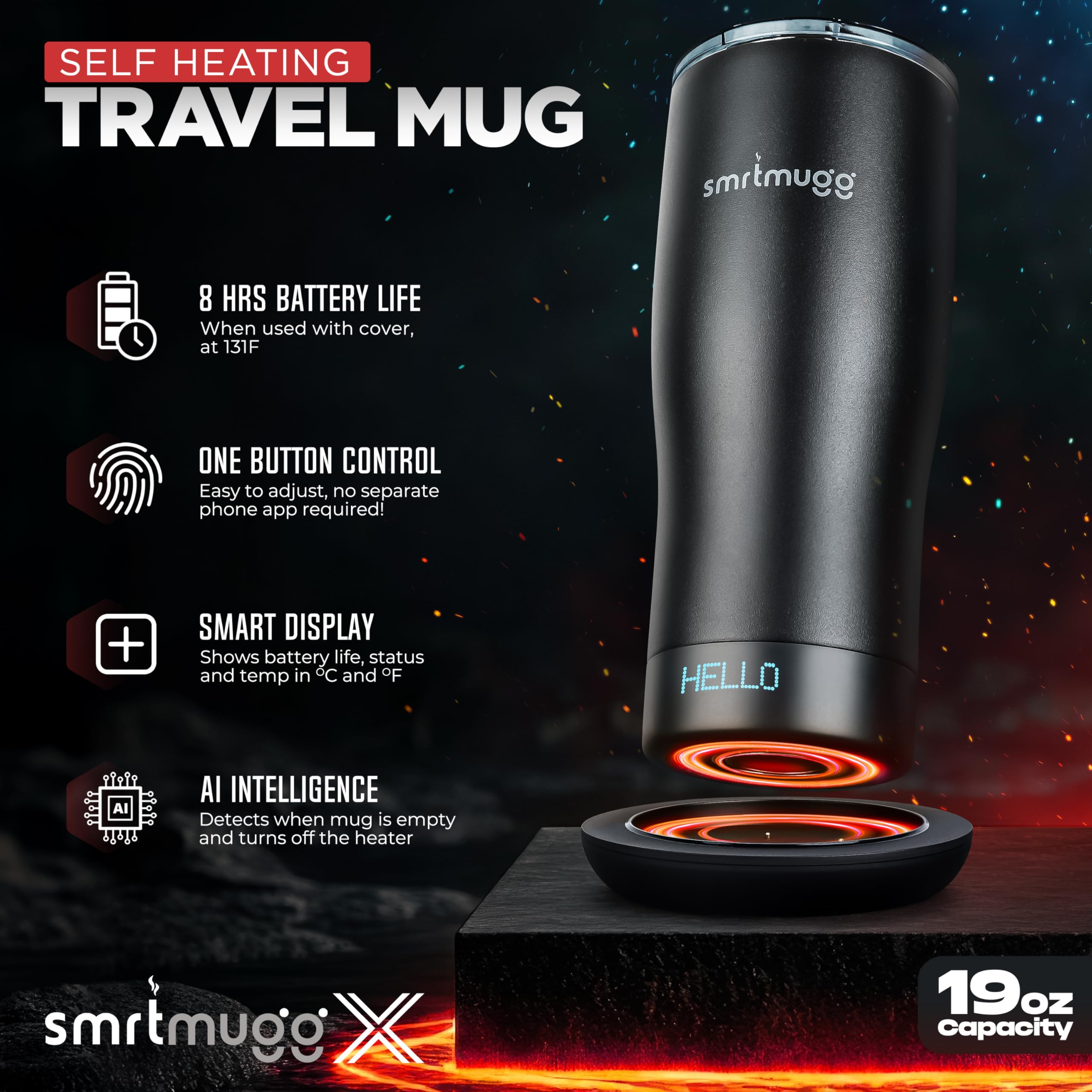 SmrtMugg X Self Heating Coffee Mug 19oz with LCD Temperature Display 8-Hour Battery & Charging Coaster