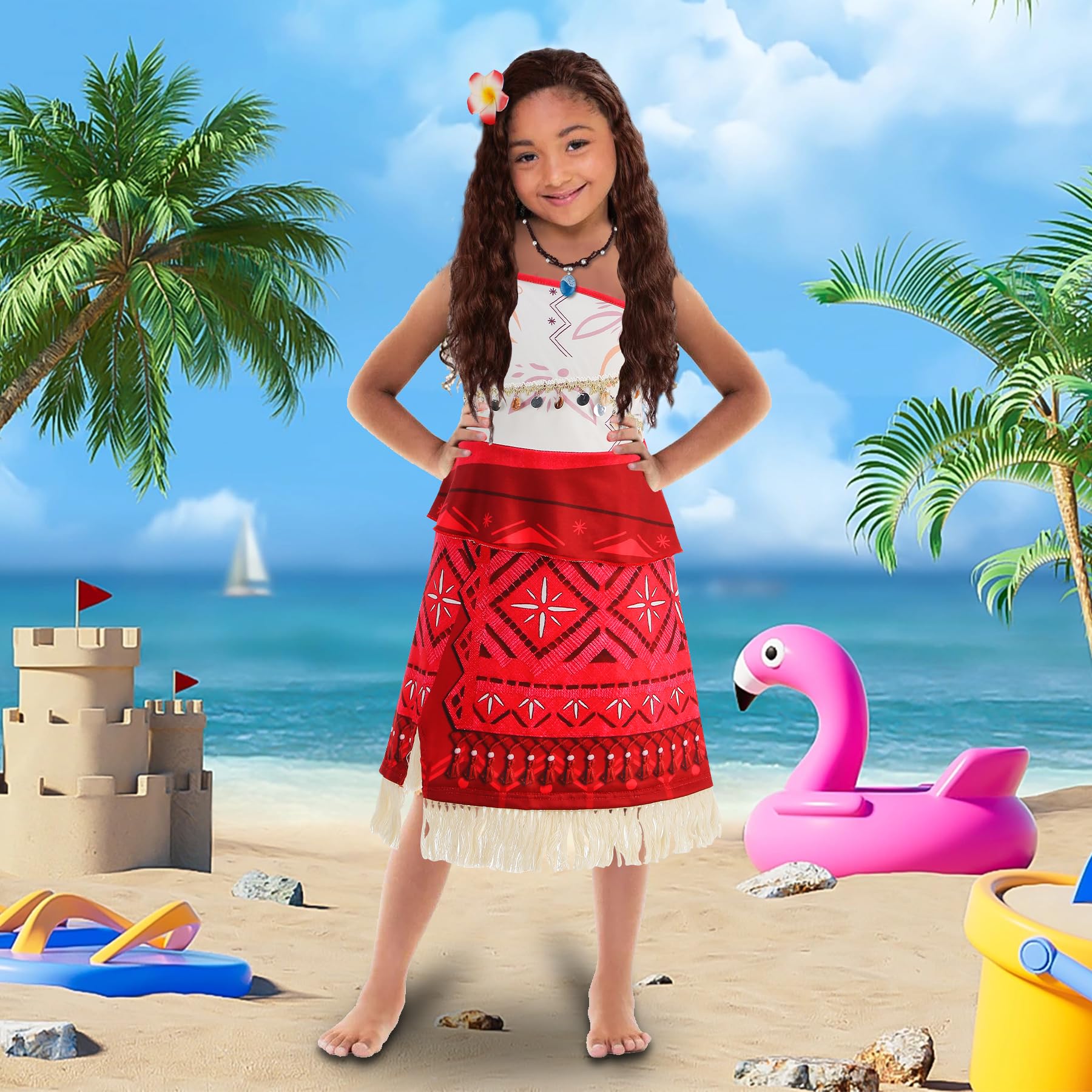 Girls Ocean Adventure Princess Costume with Red Wig – Halloween Cosplay Dress with Necklace & Flower Clip