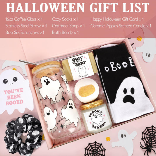 Pink Halloween Gift Box for Women – 7-Piece “Spooky Season” Gift Set with Ghost Cup, Candle, Socks, Bath Bomb & Greeting Card