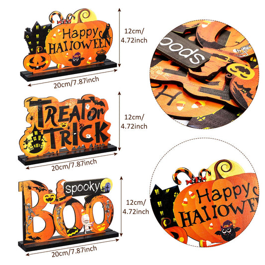 Wooden Halloween Table Centerpieces – “Boo”, “Trick or Treat”, “Happy Halloween” Signs (Set of 3)