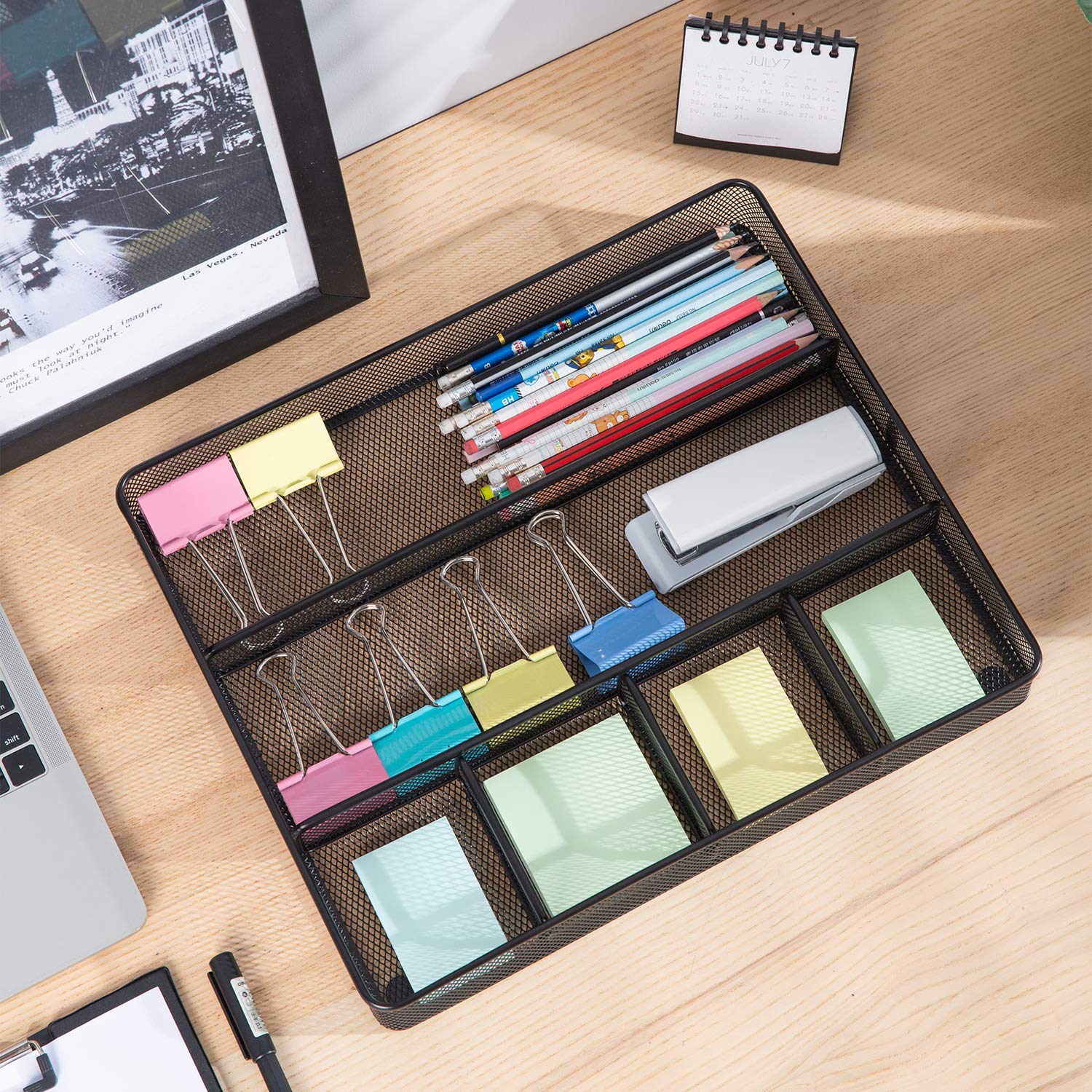 Drawer Mesh Organizer Set – 4-Pack Steel Desk Storage Bins with Compartments (Black)