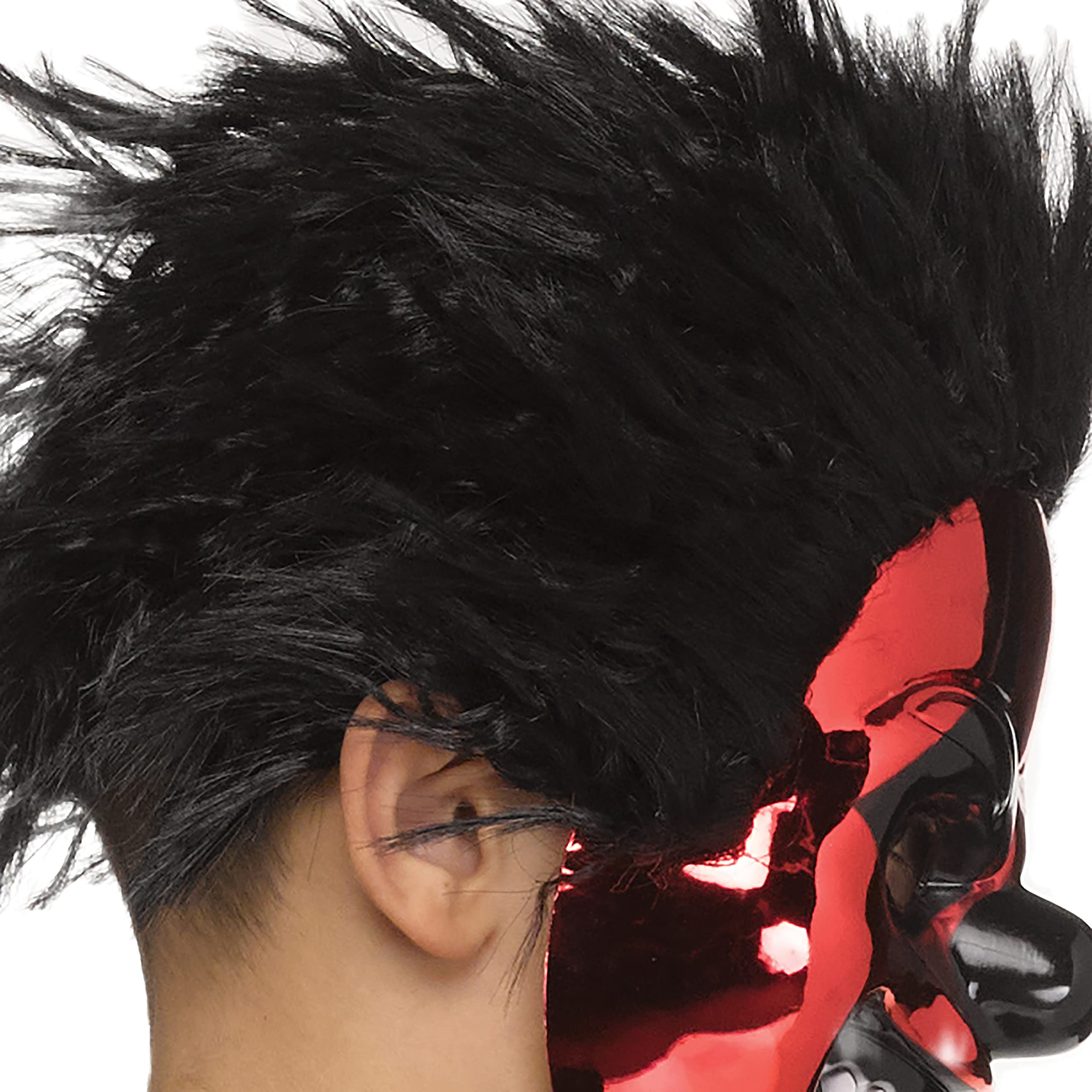 Evil Red & Black Jester Costume – Men’s Halloween Outfit with Chrome Mask, Hair, Collar & Jumpsuit