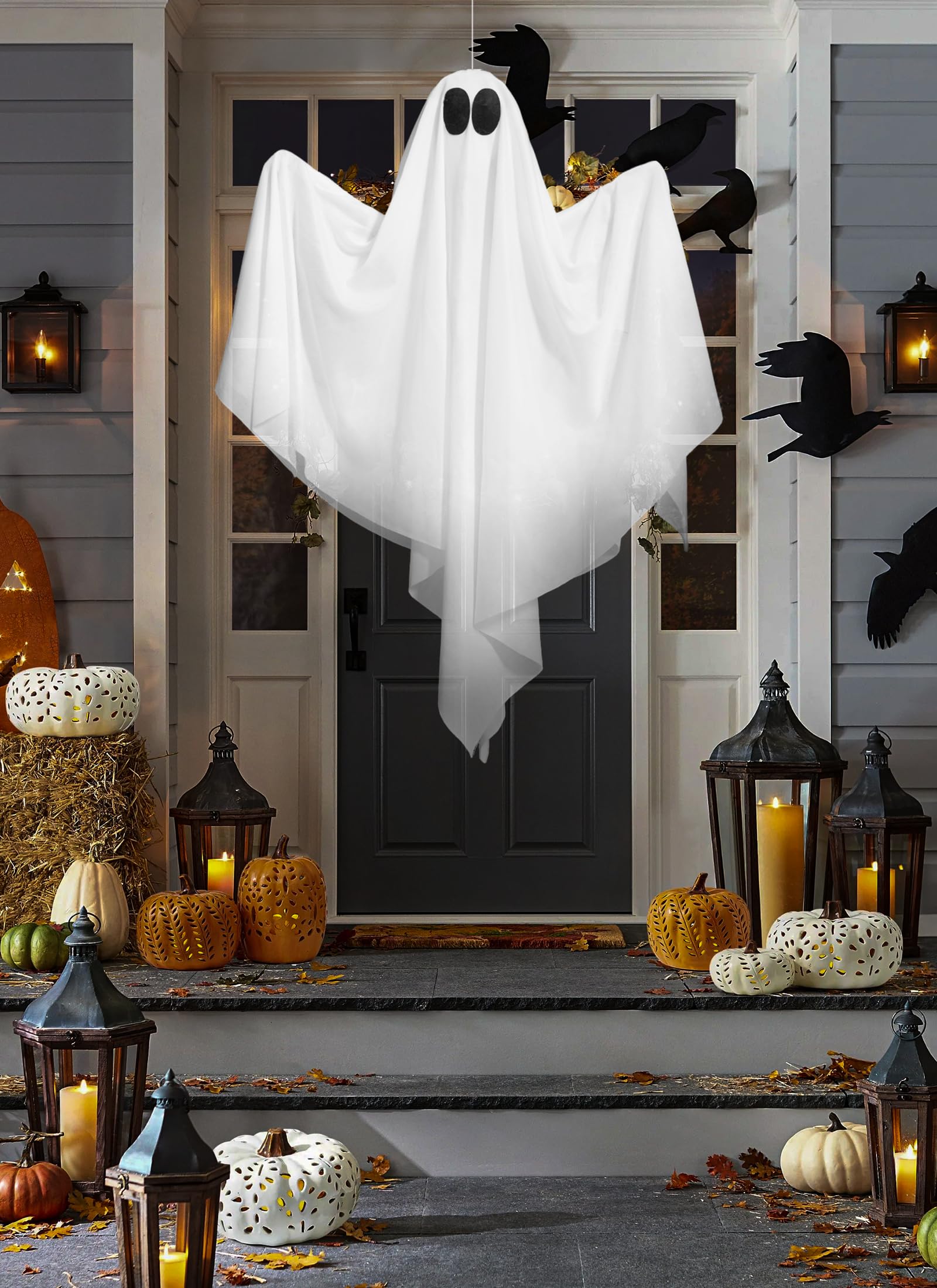 Brightown Halloween Hanging Ghost Lights with Voice Activated for Spooky Scream & Bobbing Motion, Halloween Decoration with Posable Arms for Indoor/Outdoor Party, Festival, Porch, Patio (Warm White)