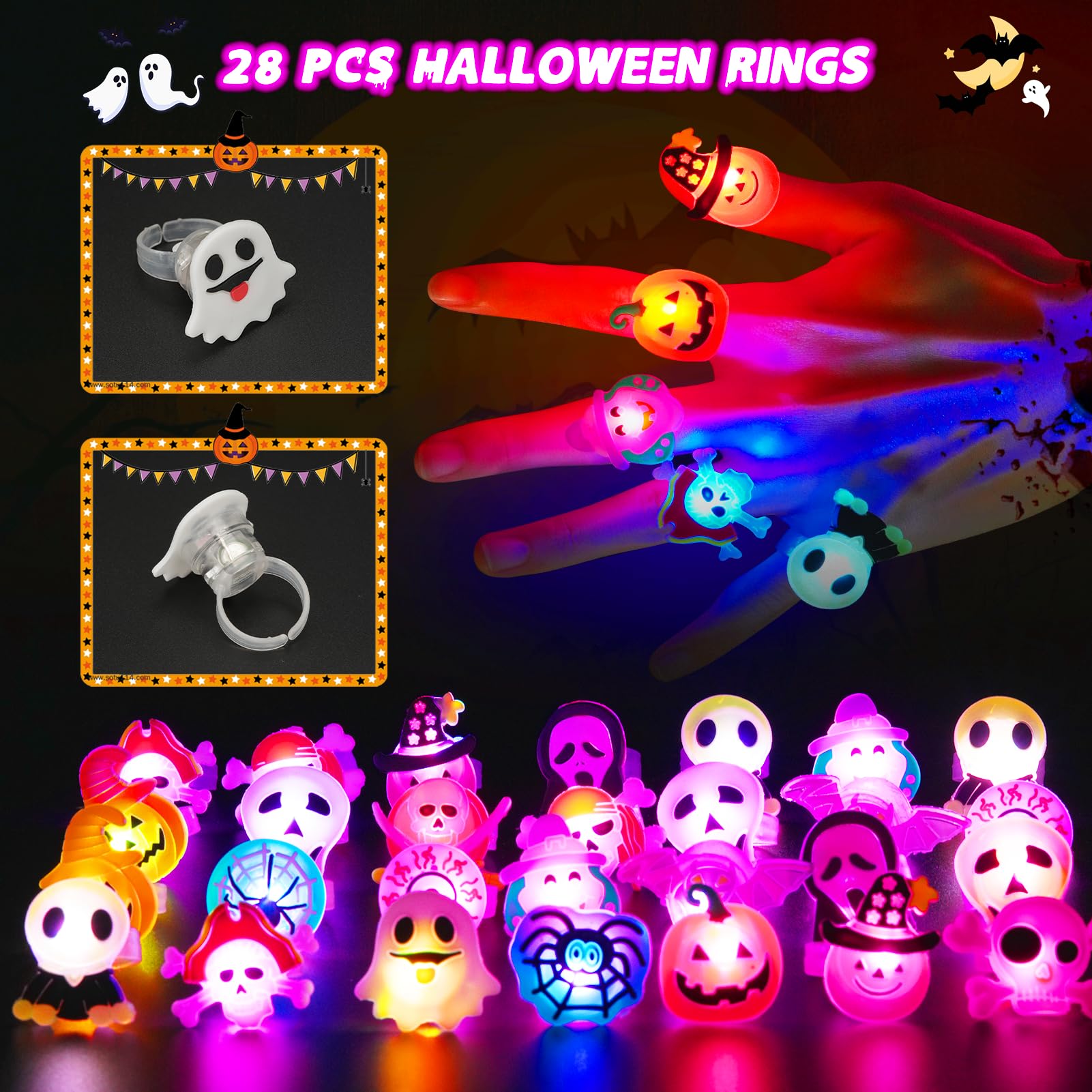 Glow-in-the-Dark Halloween LED Rings – Colorful Light-Up Party Favors with Pumpkins, Ghosts, Skulls & Bats (2025 Upgrade)