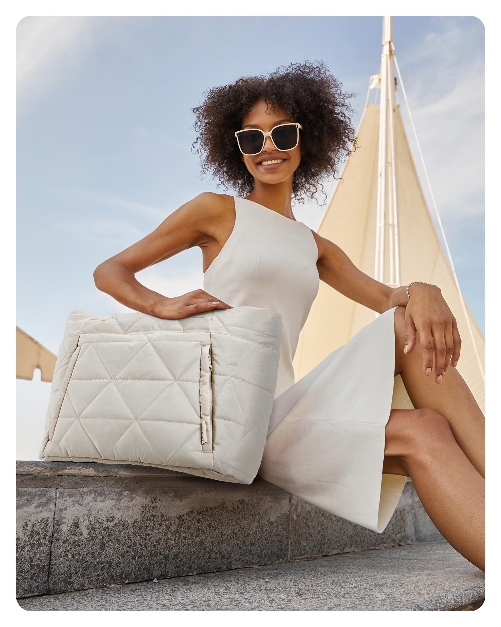 BAGSMART Puffy Tote Bag for Women – Lightweight Quilted Shoulder Tote with Zipper & Laptop Compartments (Beige)